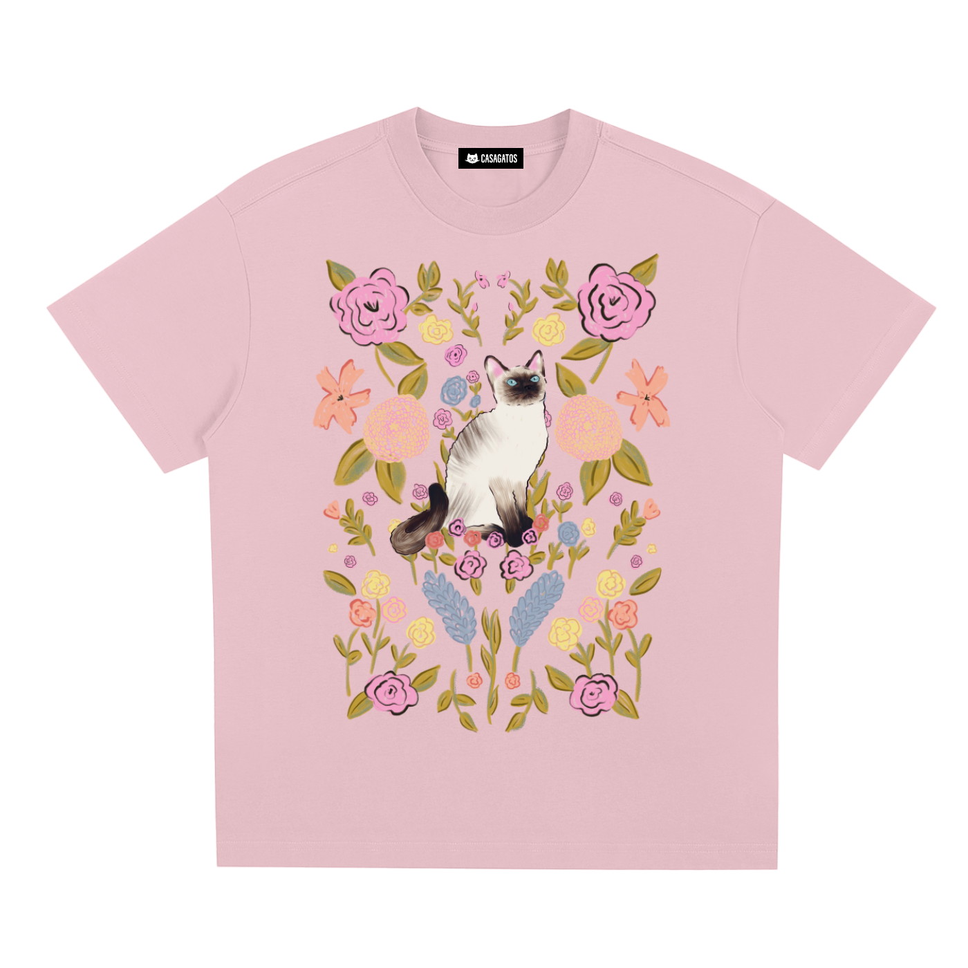 Casa Botanica — Loose Fit Floral Siamese Cat Graphic Tee