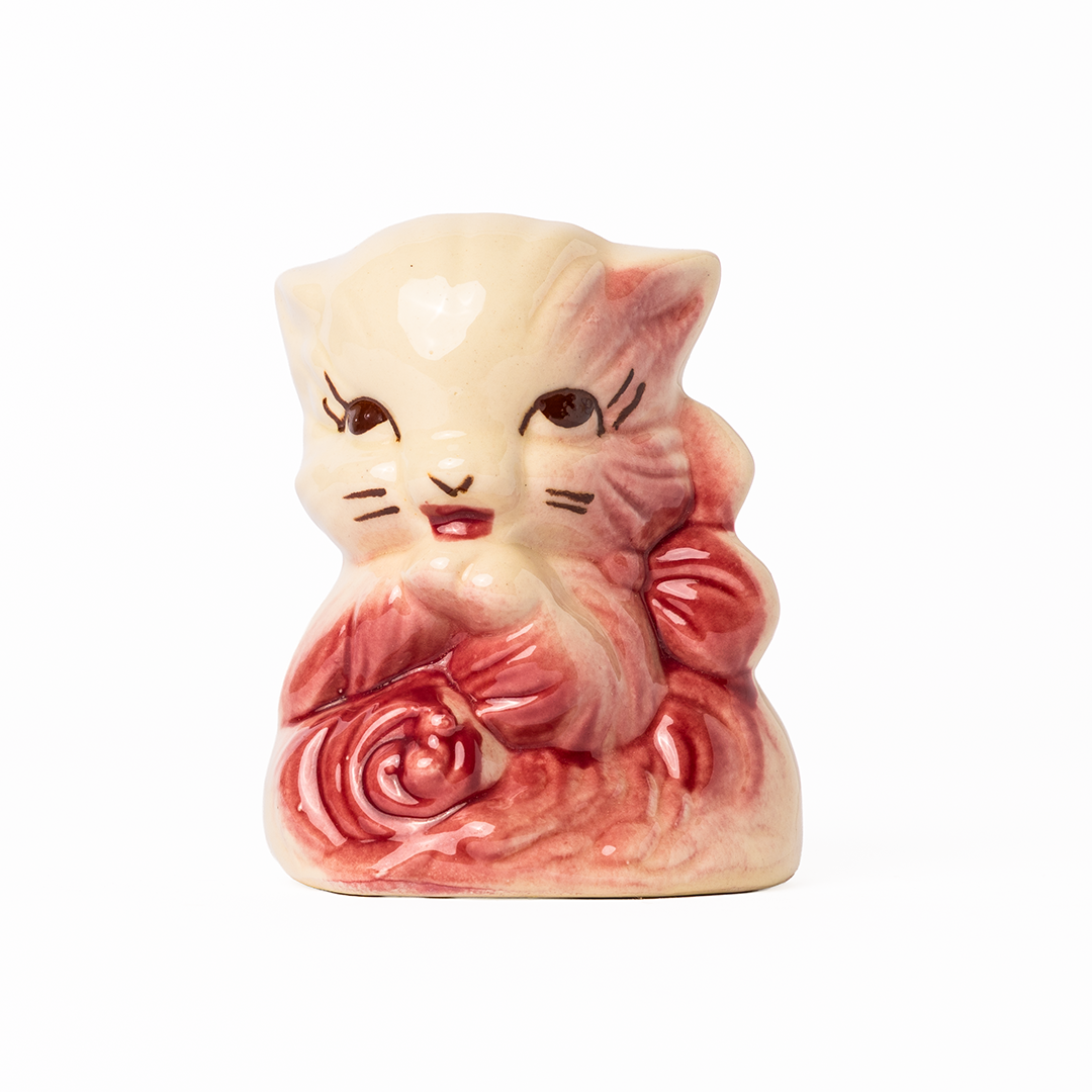 Vintage Pink Bow Cat Ceramic Planter – Mid-Century Kitten Vase