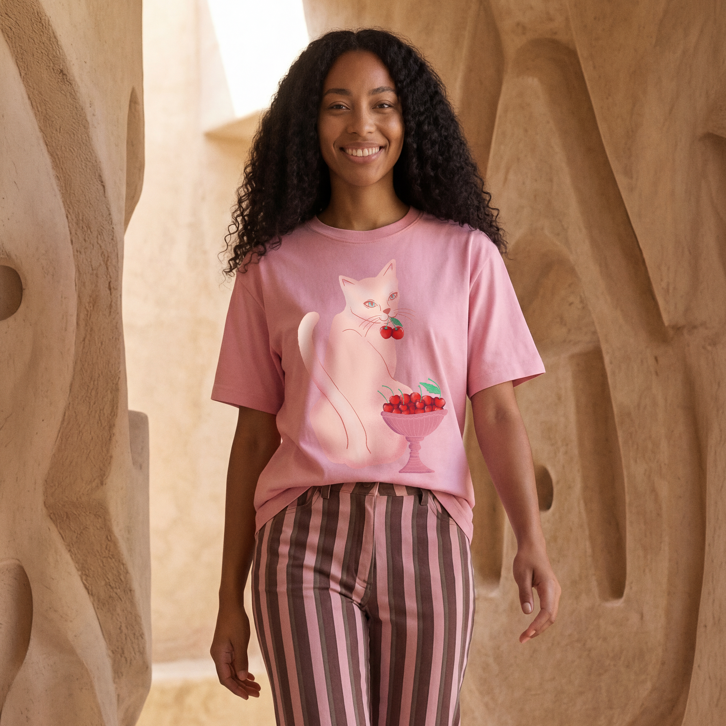 Shirley — Cherry Cat Vintage Washed Oversized Cotton T-Shirt