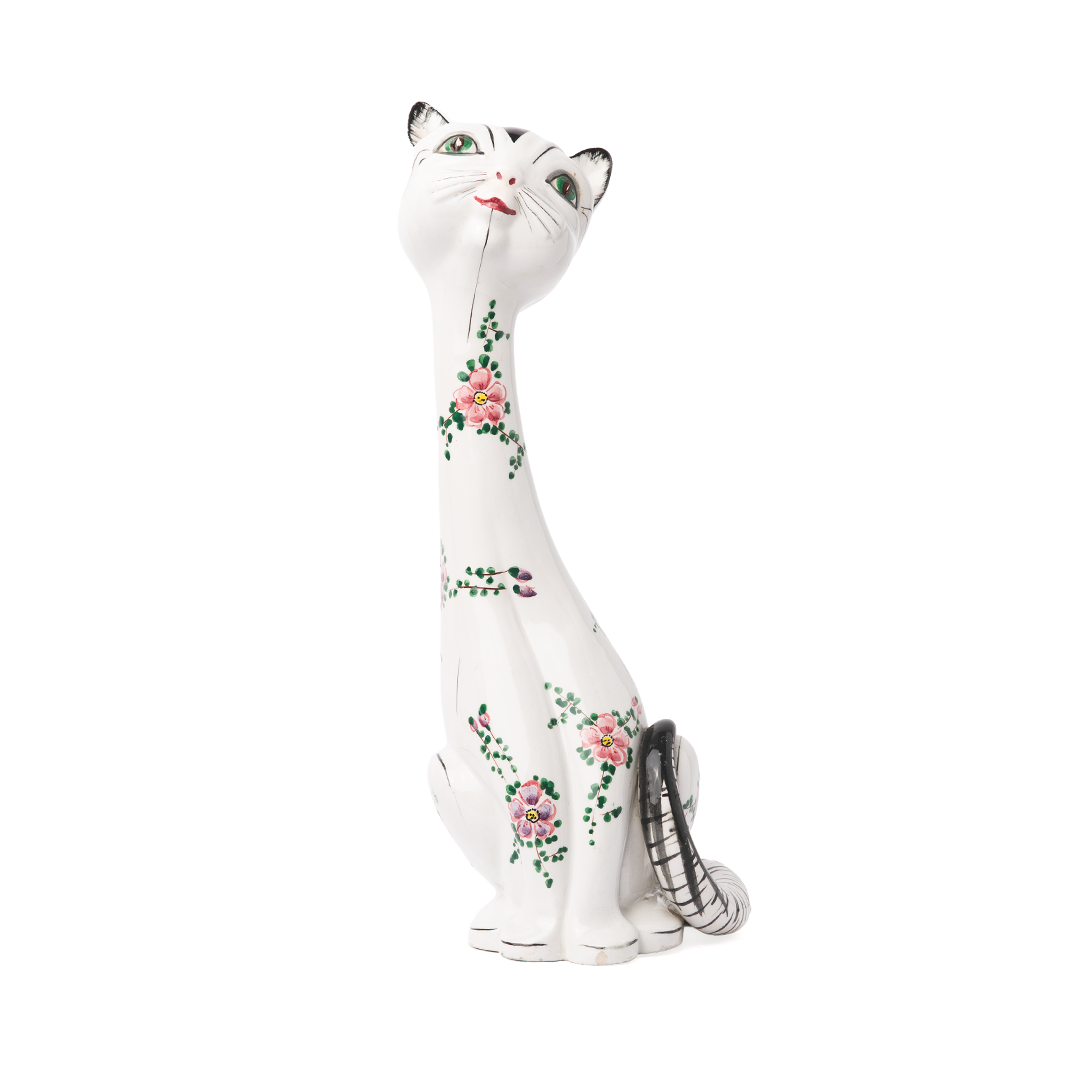 Vintage Mancioli Long-Neck Floral Cat Figurine – Hand-Painted Italian Pottery Cat