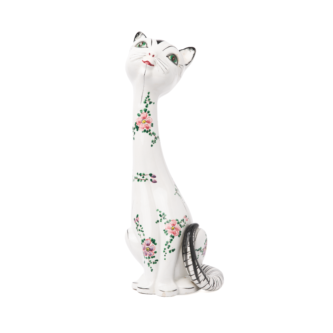 Vintage Mancioli Long-Neck Floral Cat Figurine – Hand-Painted Italian Pottery Cat