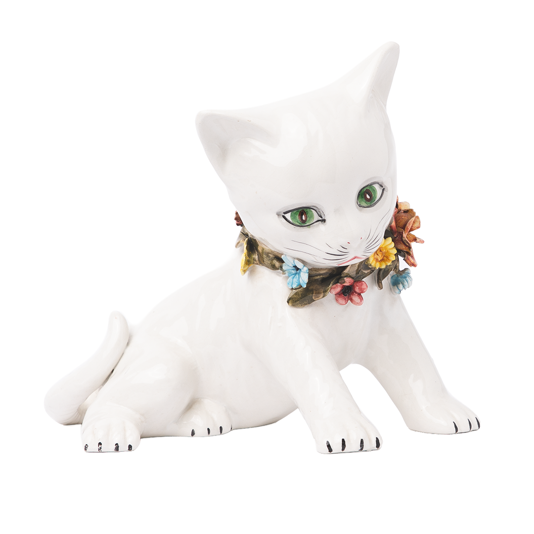 Vintage Italian Ceramic Cat Figurine – Hand-Painted Floral Collar Cat