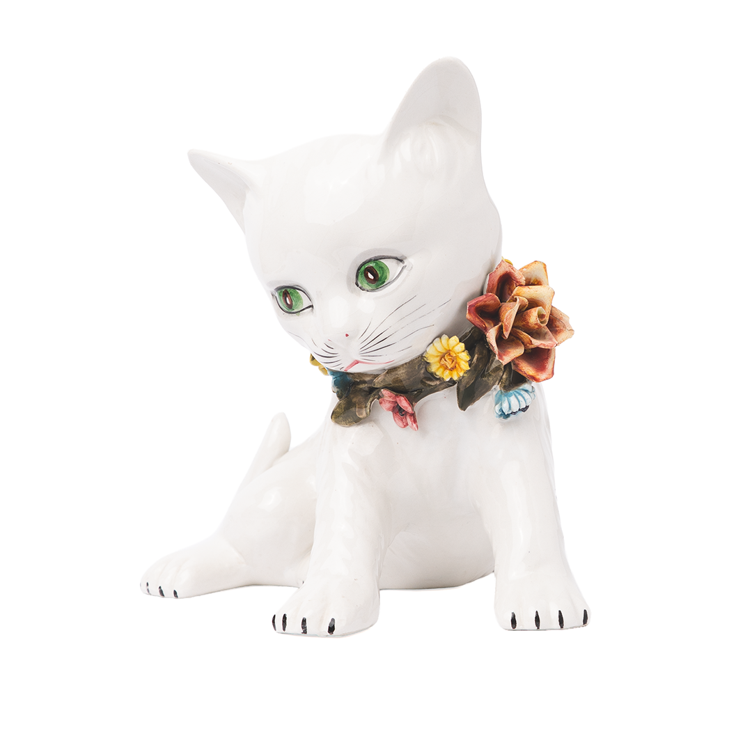 Vintage Italian Ceramic Cat Figurine – Hand-Painted Floral Collar Cat