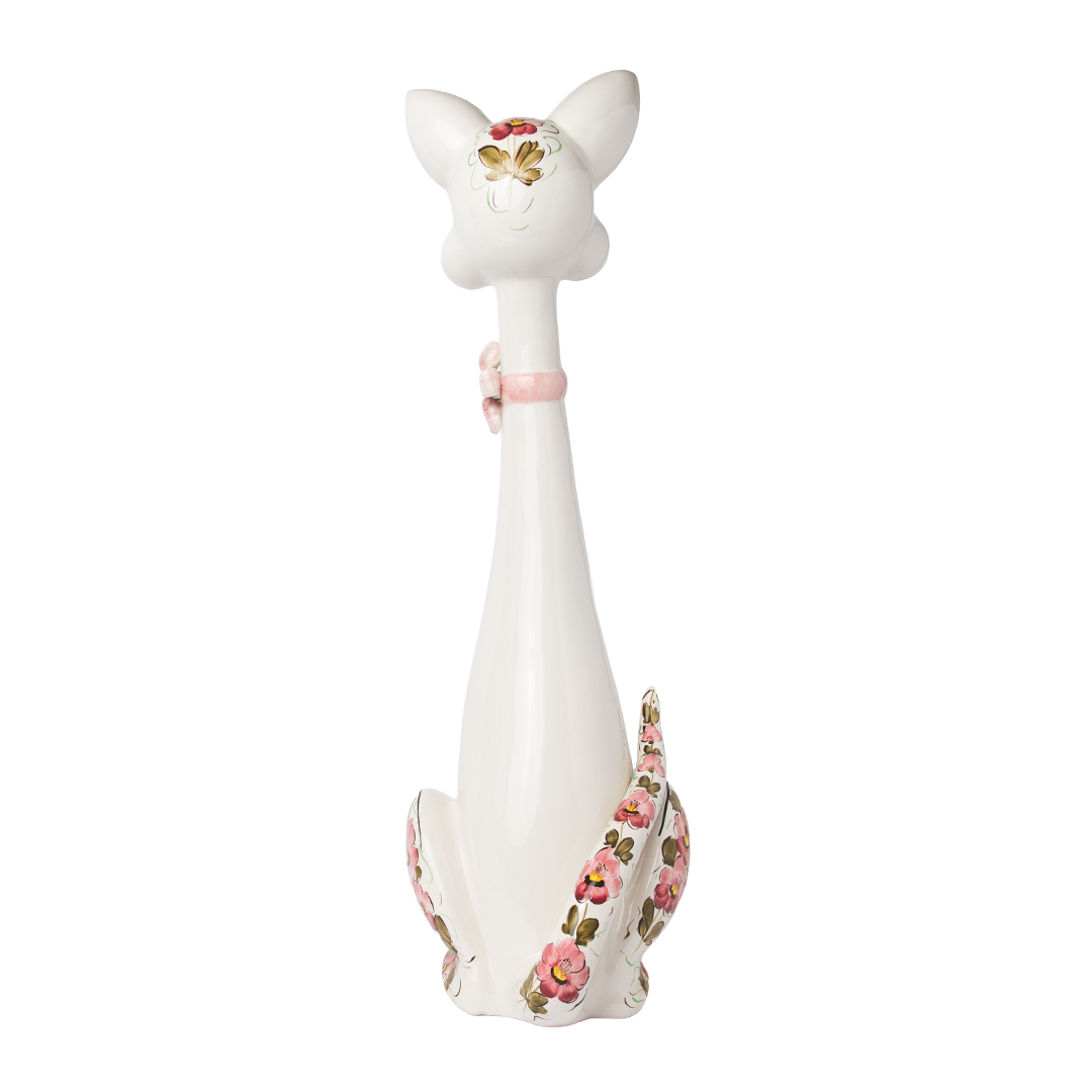 Vintage Italian Long-Neck Ceramic Cat Figurine – Pink Floral Cat with Bow