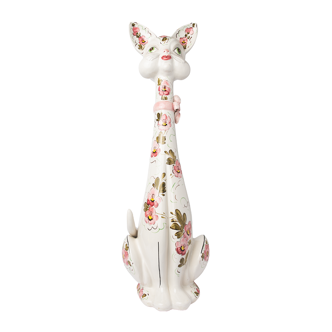 Vintage Italian Long-Neck Ceramic Cat Figurine – Pink Floral Cat with Bow