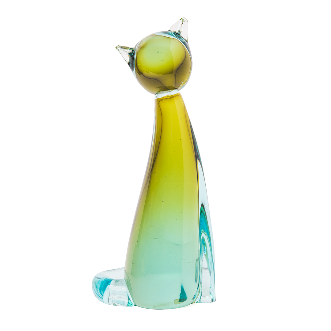 Vintage Murano Glass Cat Sculpture – Amber & Aqua Venetian Art Glass