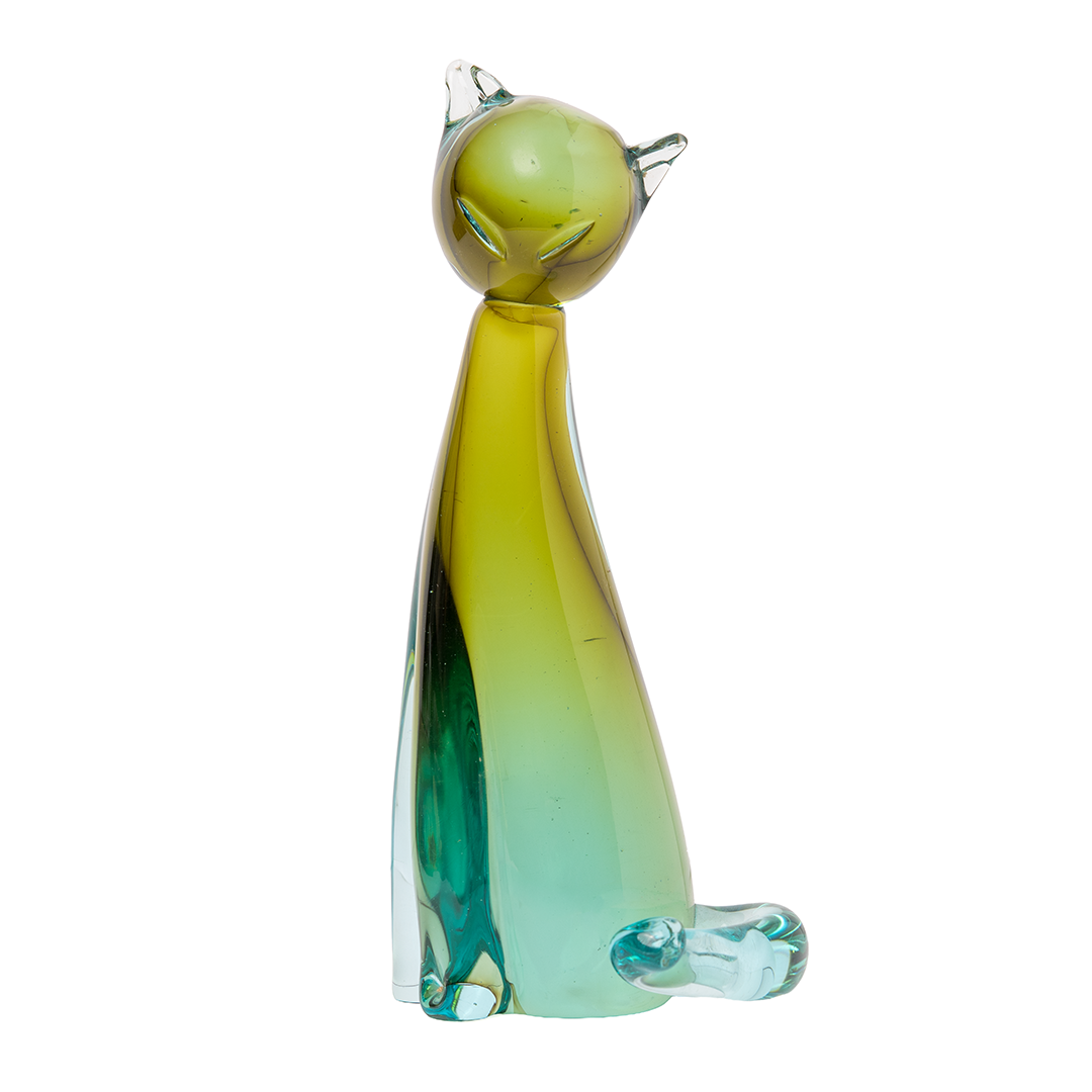 Vintage Murano Glass Cat Sculpture – Amber & Aqua Venetian Art Glass