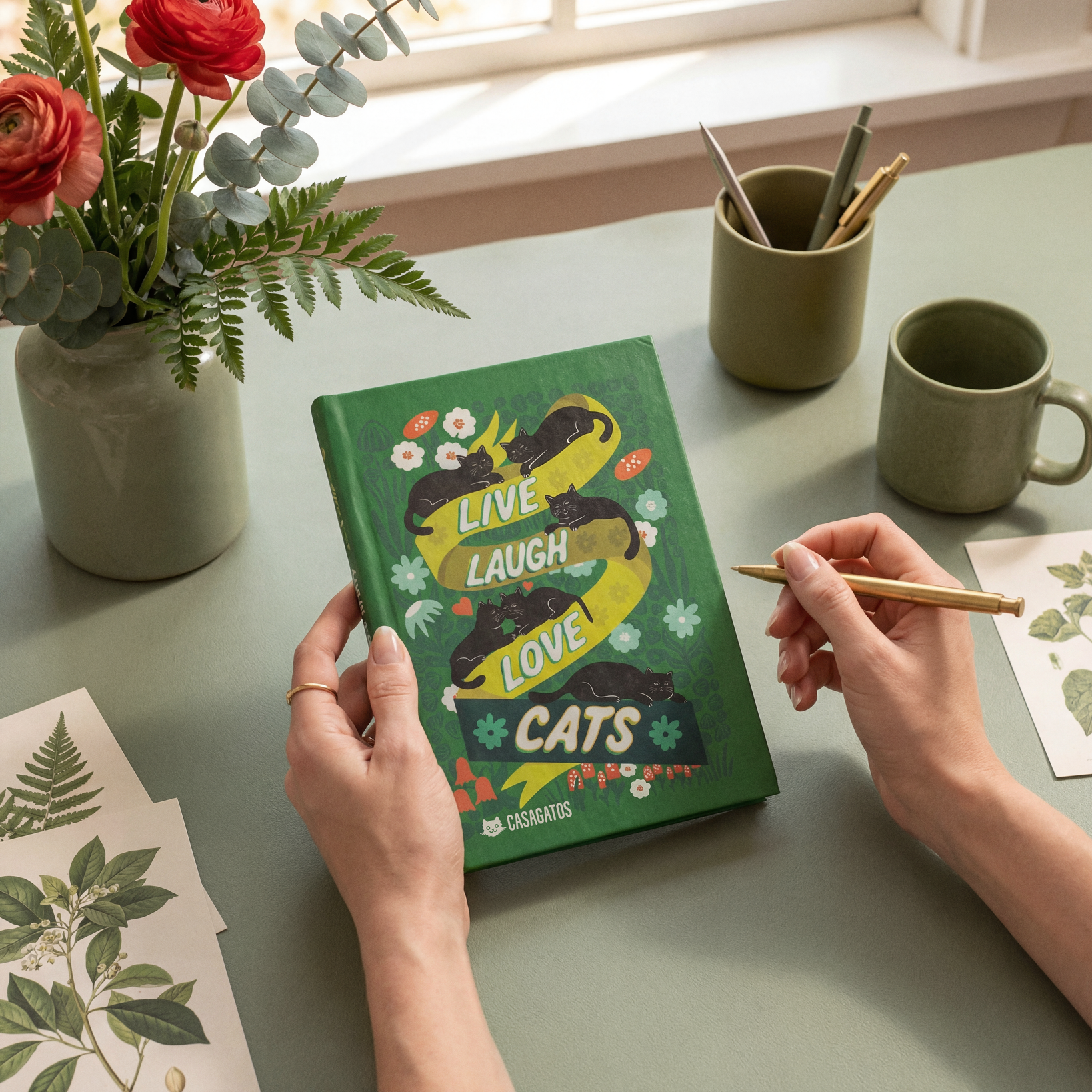 Live Laugh Love Cats Journal | Floral Cat Illustration