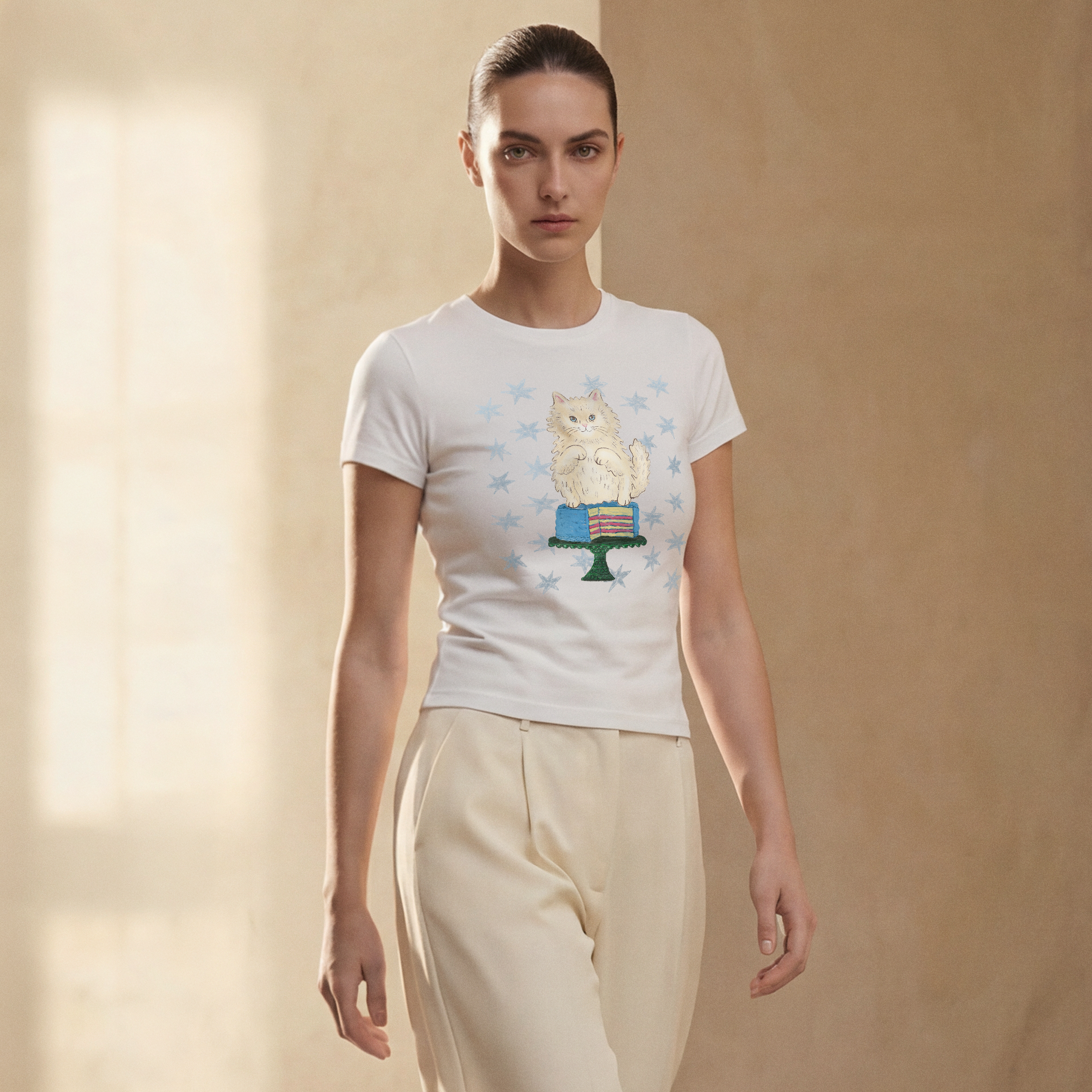 Sugar Baby Cat — Curve-Hugging Bodycon Crewneck Tee