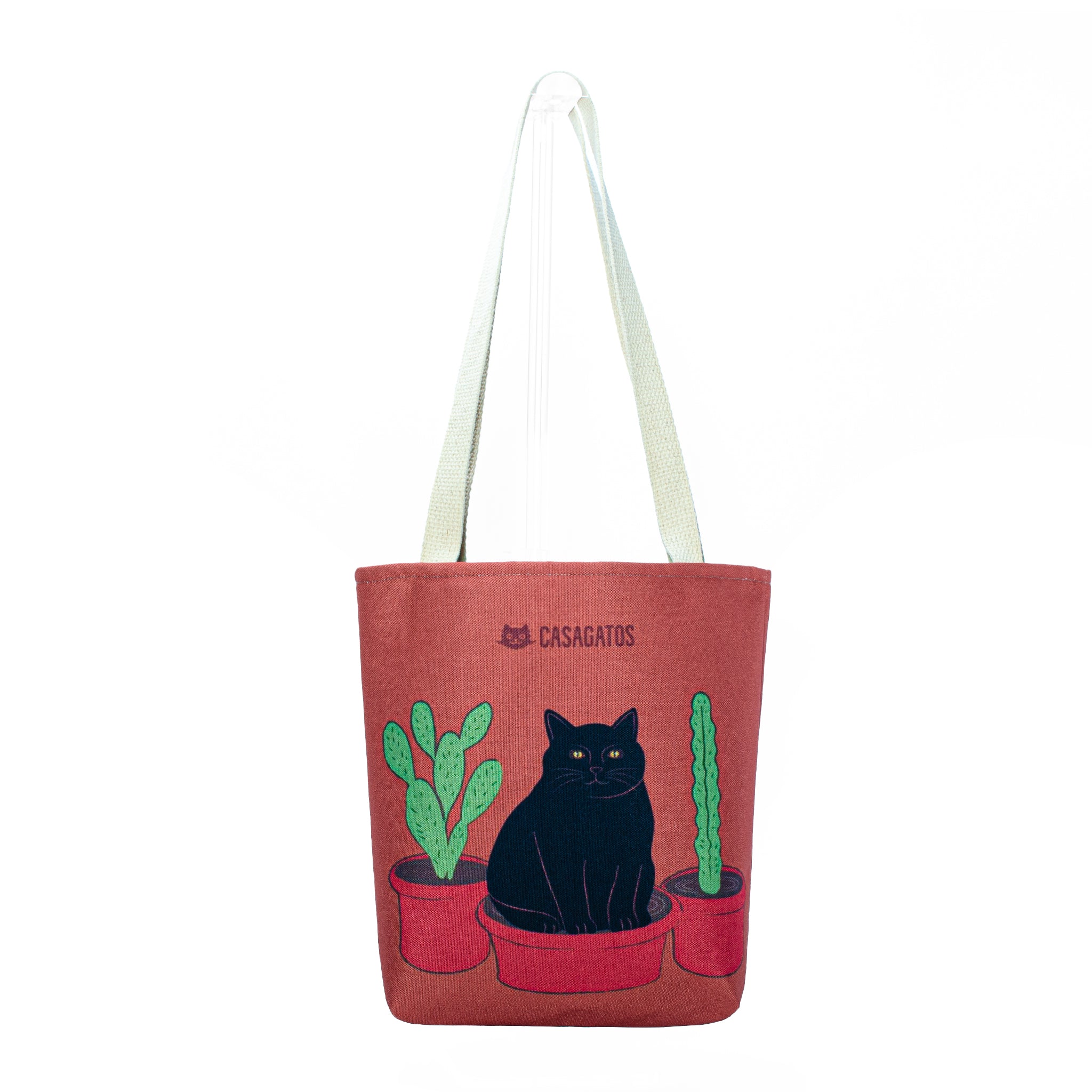 Black Cat with Potted Cacti Tote Bag | Plant Lover Illustration