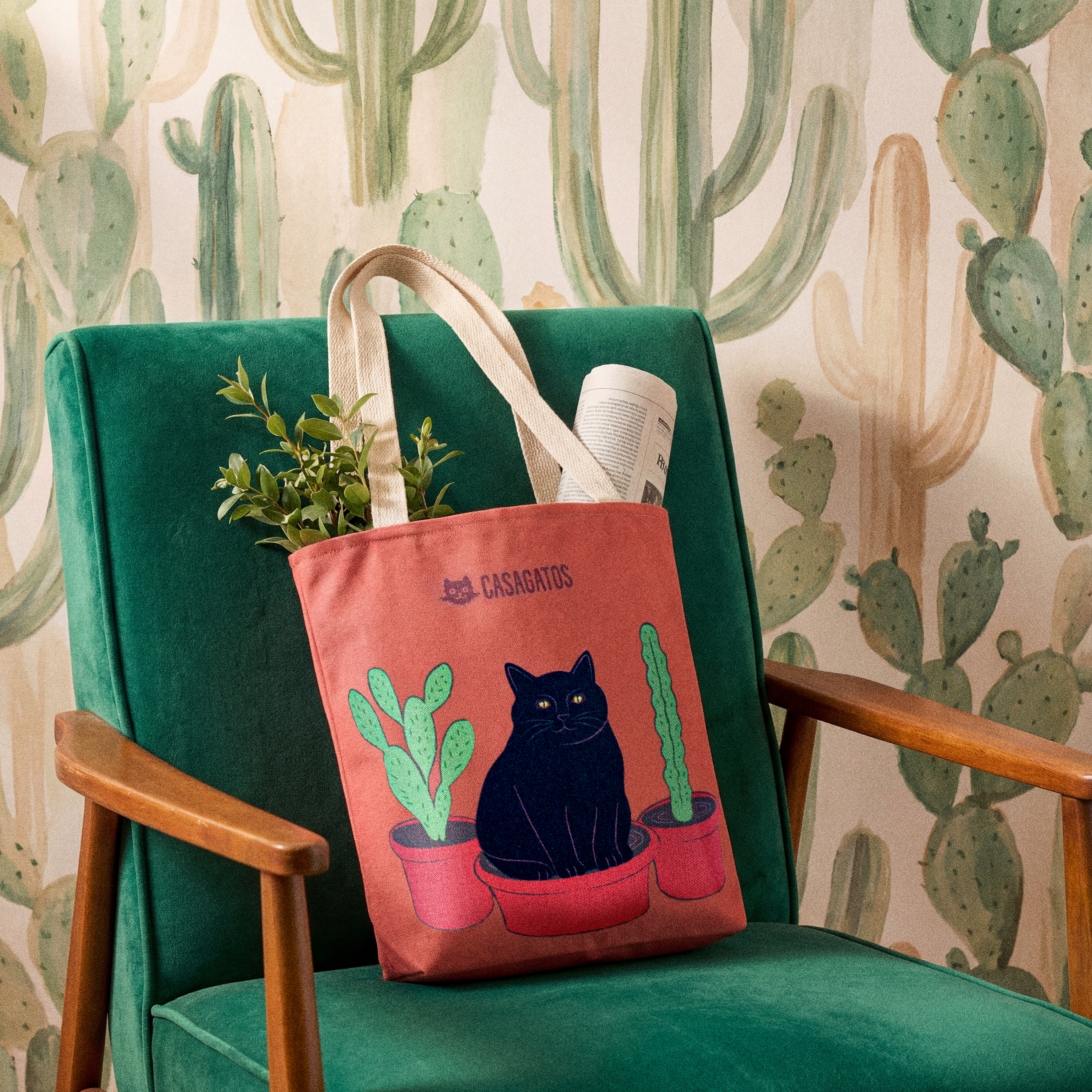 Black Cat with Potted Cacti Tote Bag | Plant Lover Illustration