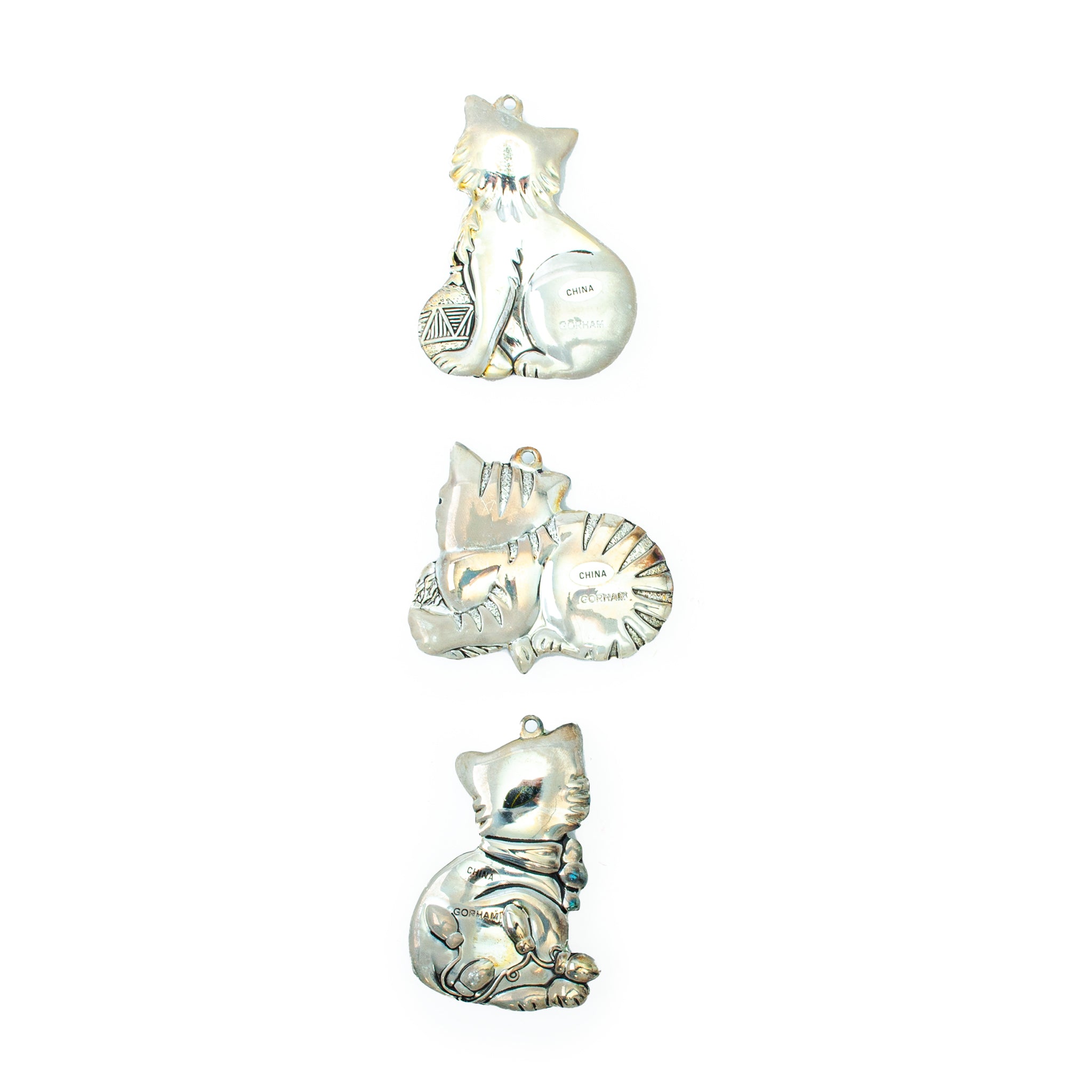 Gorham Cat Christmas Ornaments – Set of 3 Nickel-Plated Holiday Heirlooms