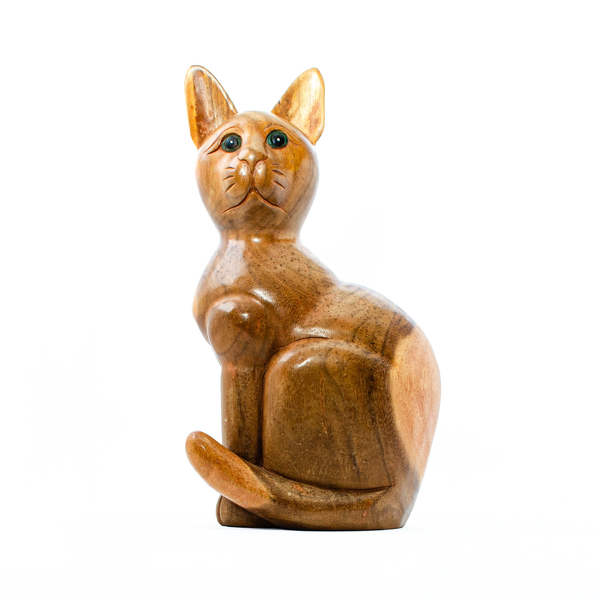 Hand-Carved Wooden Cat – Warm Artisan Craft with Glass Eyes