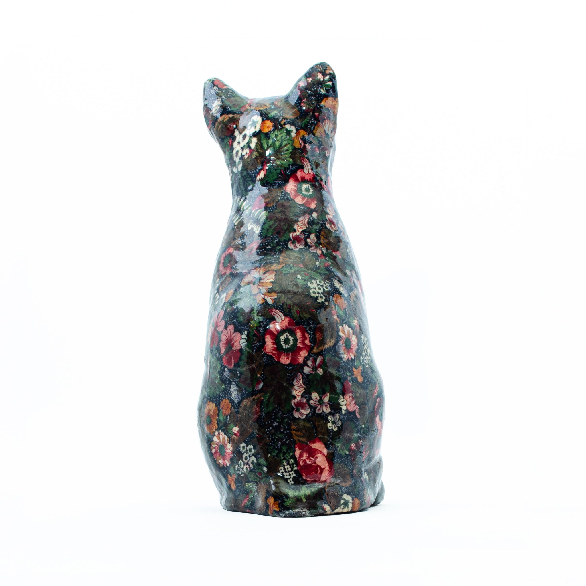 Floral Patchwork Cat – Vintage Charm with Crackle Glaze