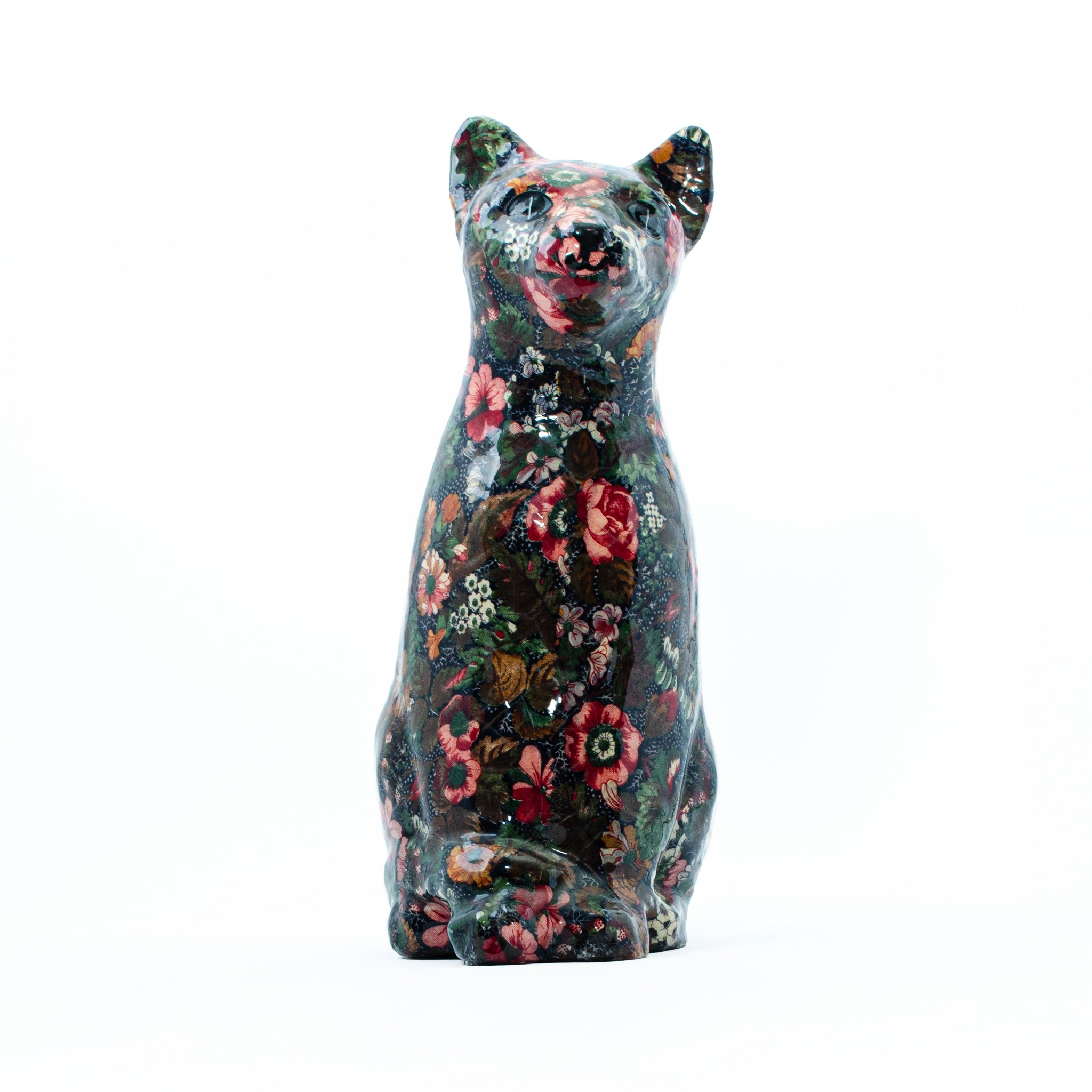Floral Patchwork Cat – Vintage Charm with Crackle Glaze