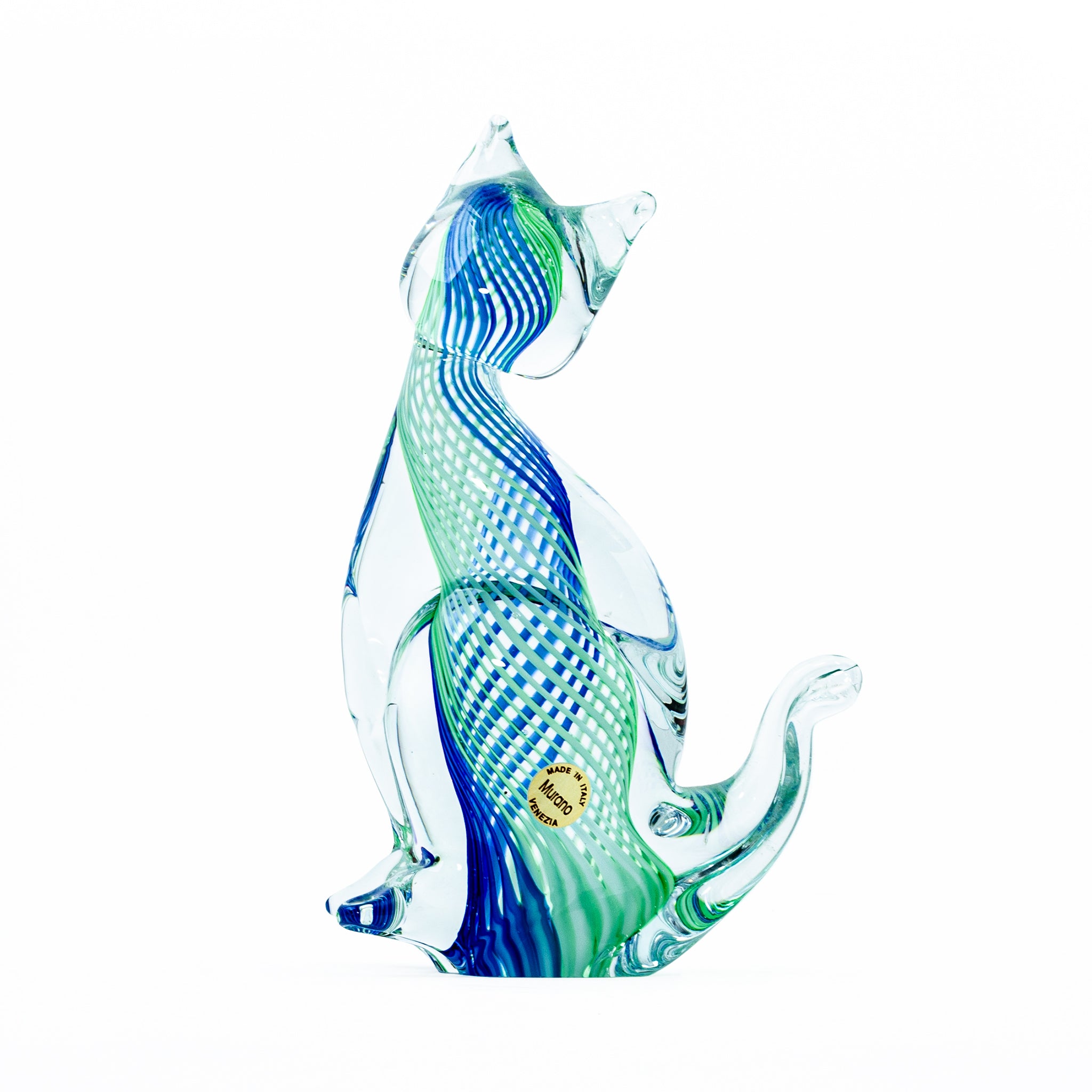 Murano Art Glass Cat – Swirled Italian Elegance in Green & Blue
