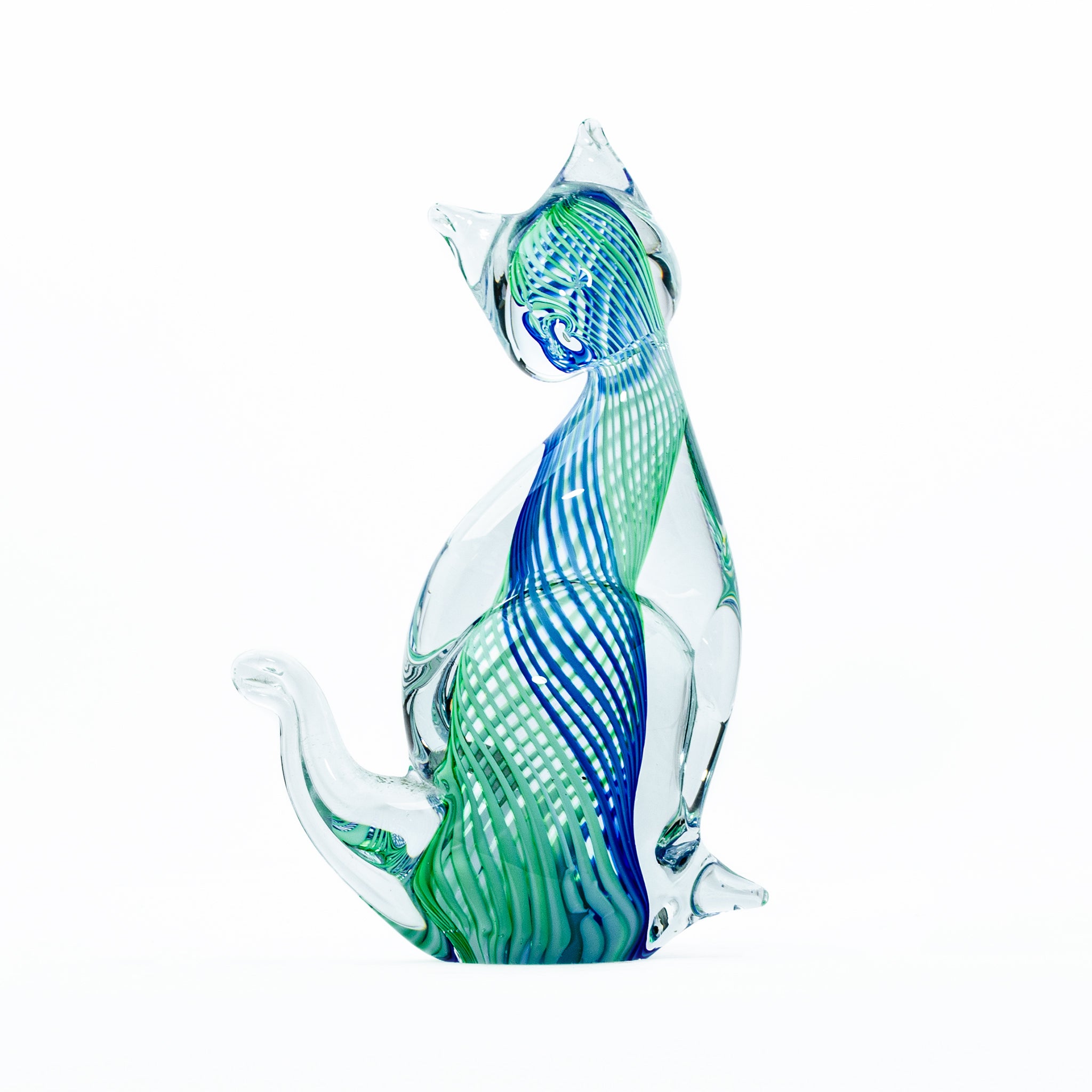 Murano Art Glass Cat – Swirled Italian Elegance in Green & Blue