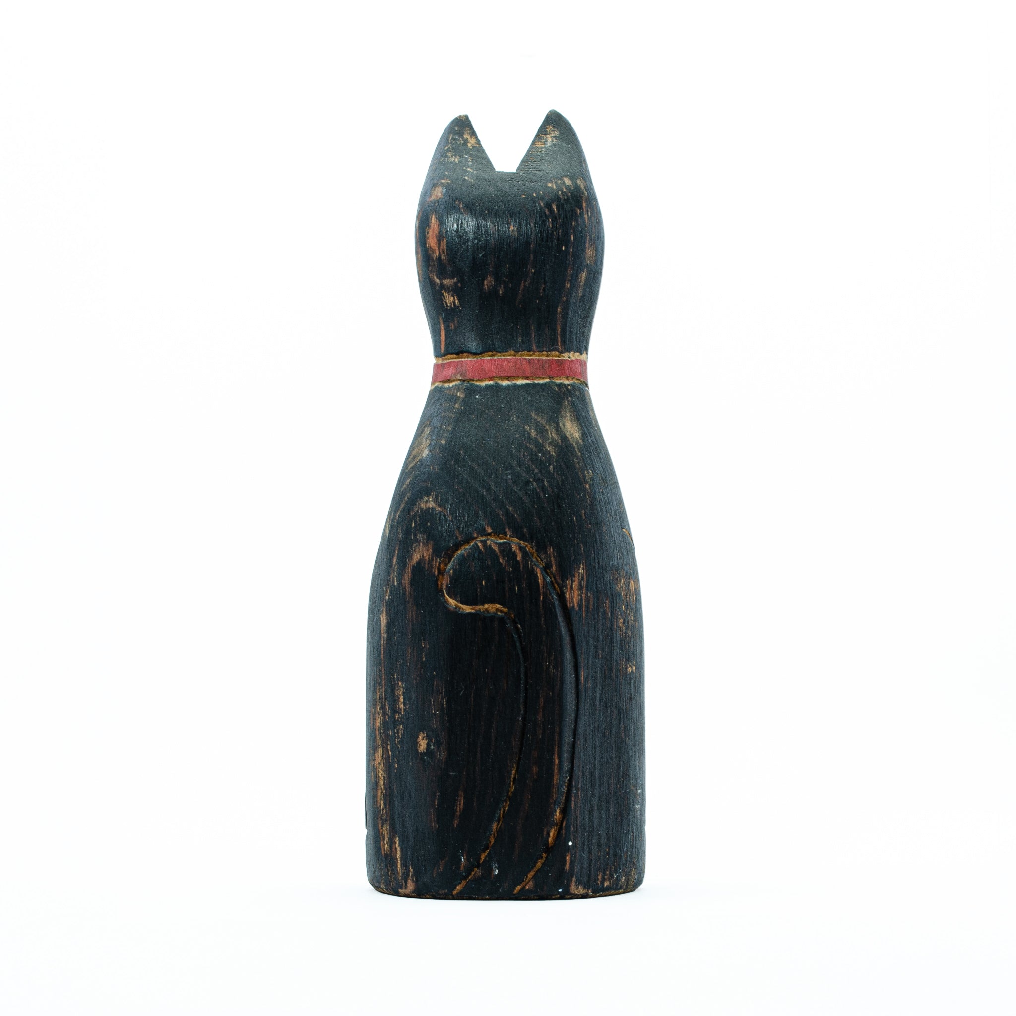 Primitive Wooden Black Cat – Folk Art with a Red Bow