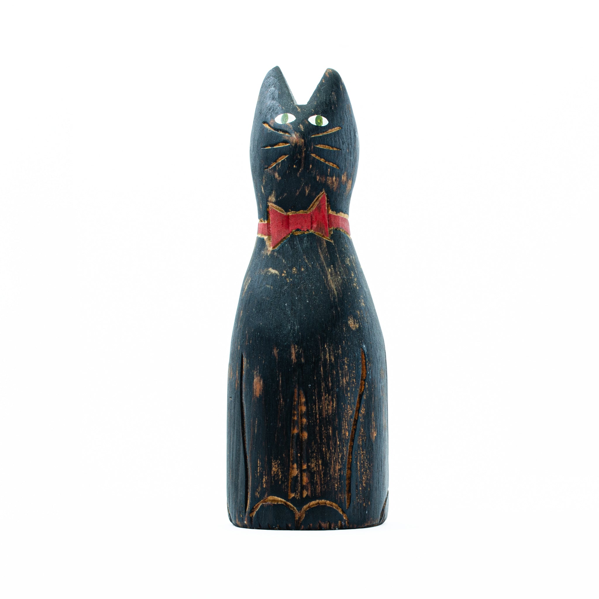 Primitive Wooden Black Cat – Folk Art with a Red Bow