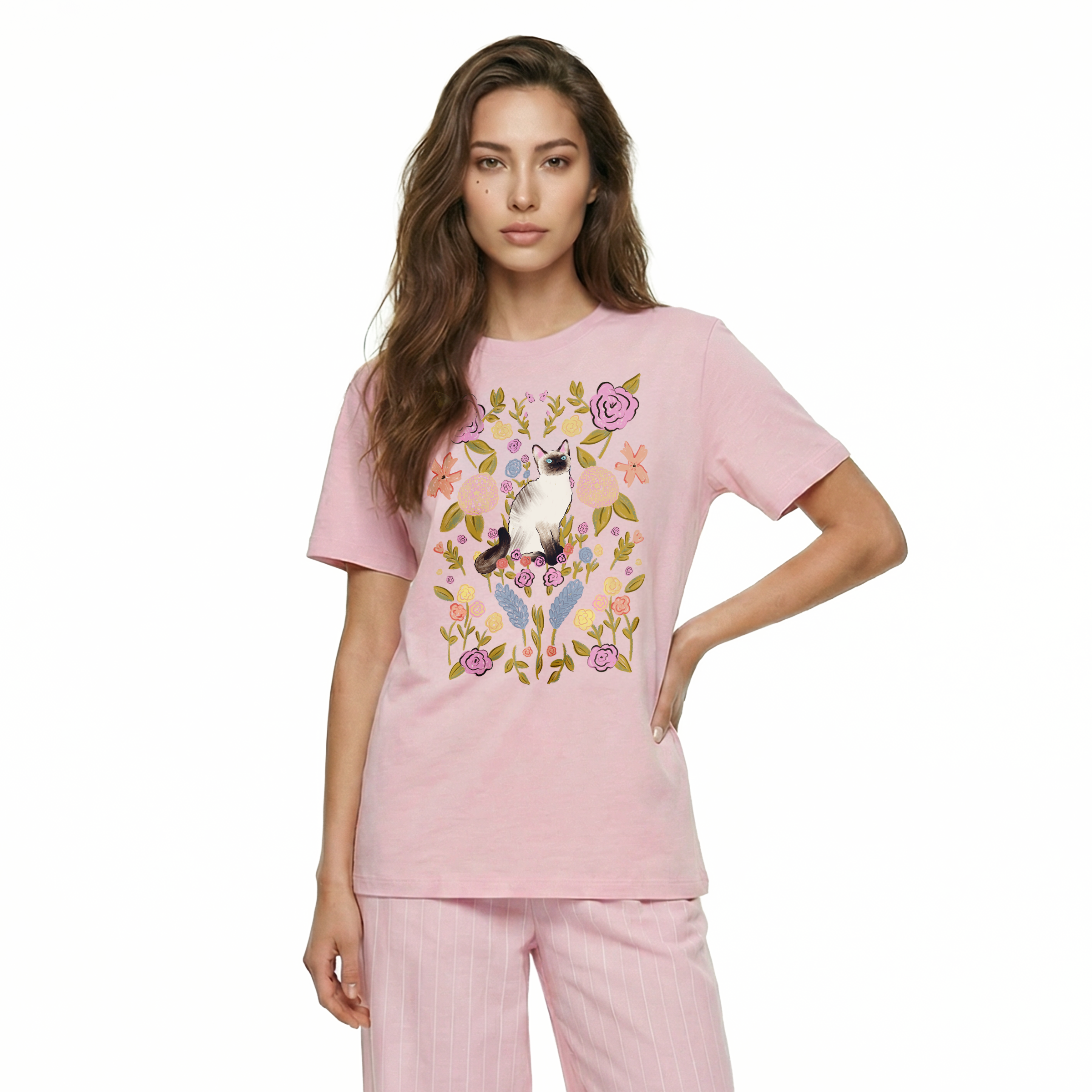 Casa Botanica — Loose Fit Floral Siamese Cat Graphic Tee