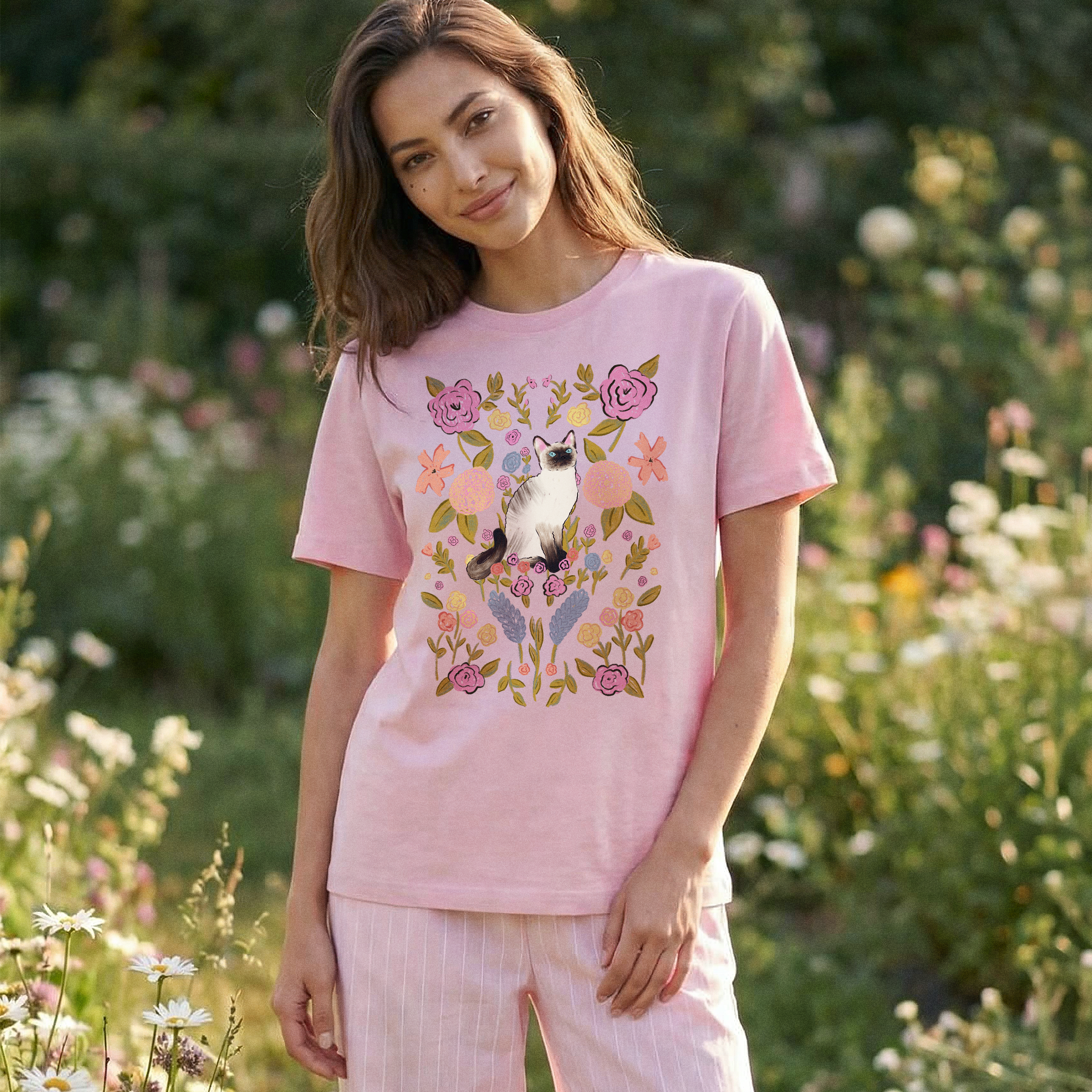 Casa Botanica — Loose Fit Floral Siamese Cat Graphic Tee