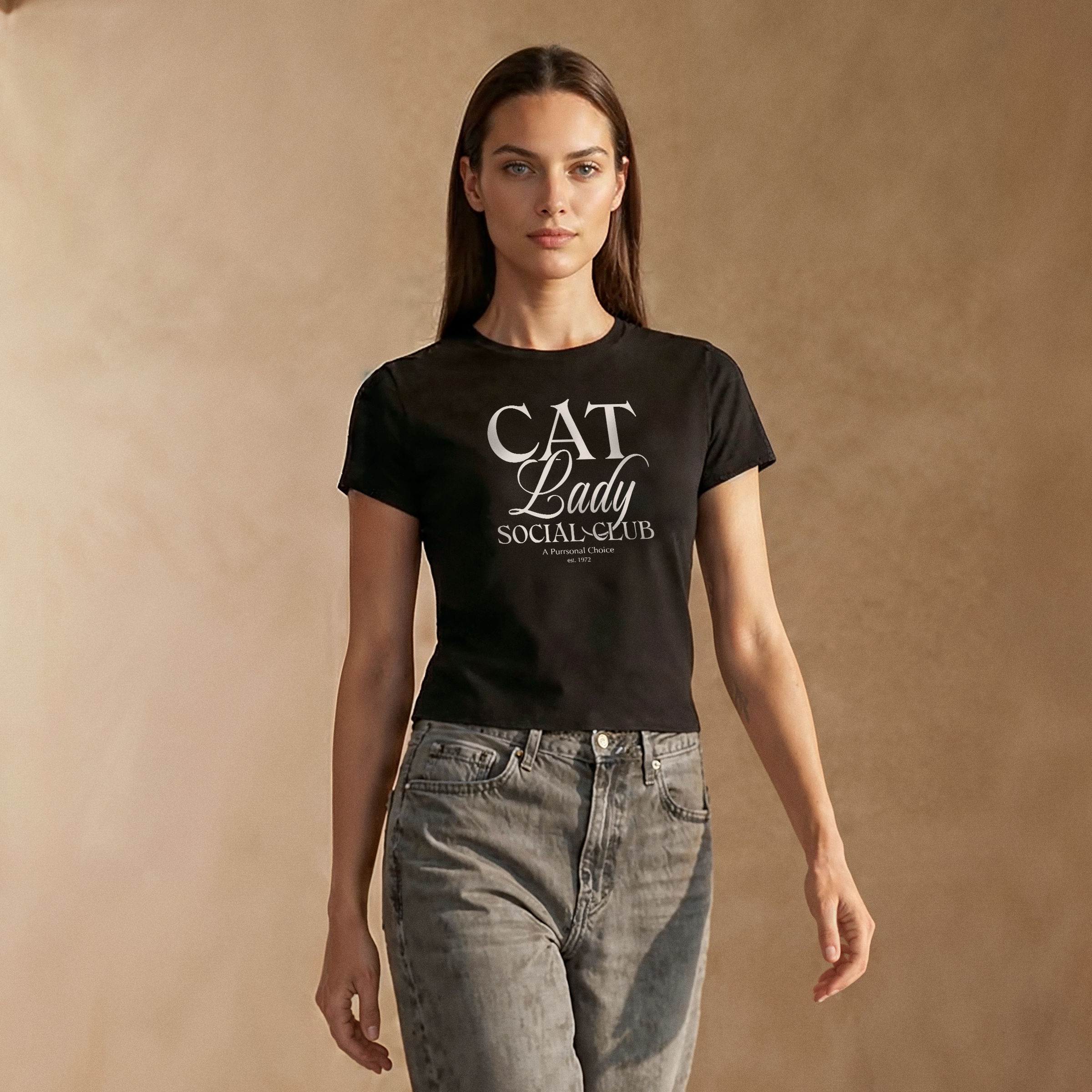 Cat Lady Social Club — Curve-Hugging Bodycon Crewneck Tee
