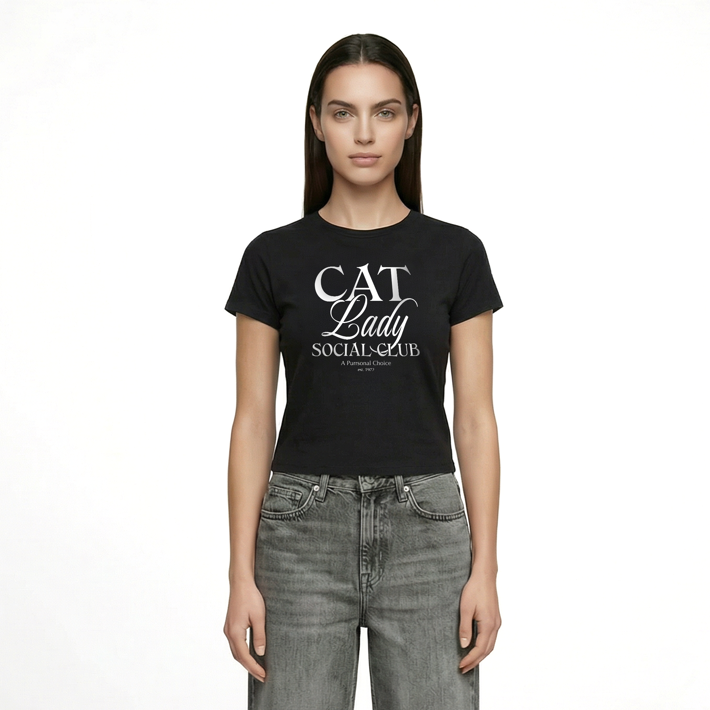 Cat Lady Social Club — Curve-Hugging Bodycon Crewneck Tee