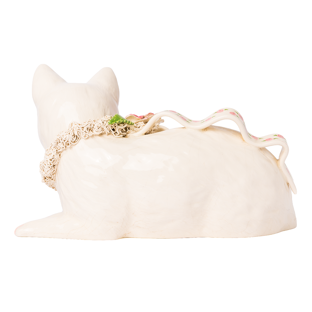 Vintage White Cat Figurine with Roses – Romantic Cottage Ceramic Sculpture