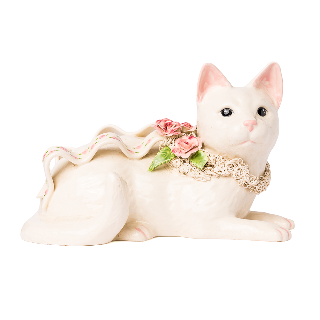 Vintage White Cat Figurine with Roses – Romantic Cottage Ceramic Sculpture