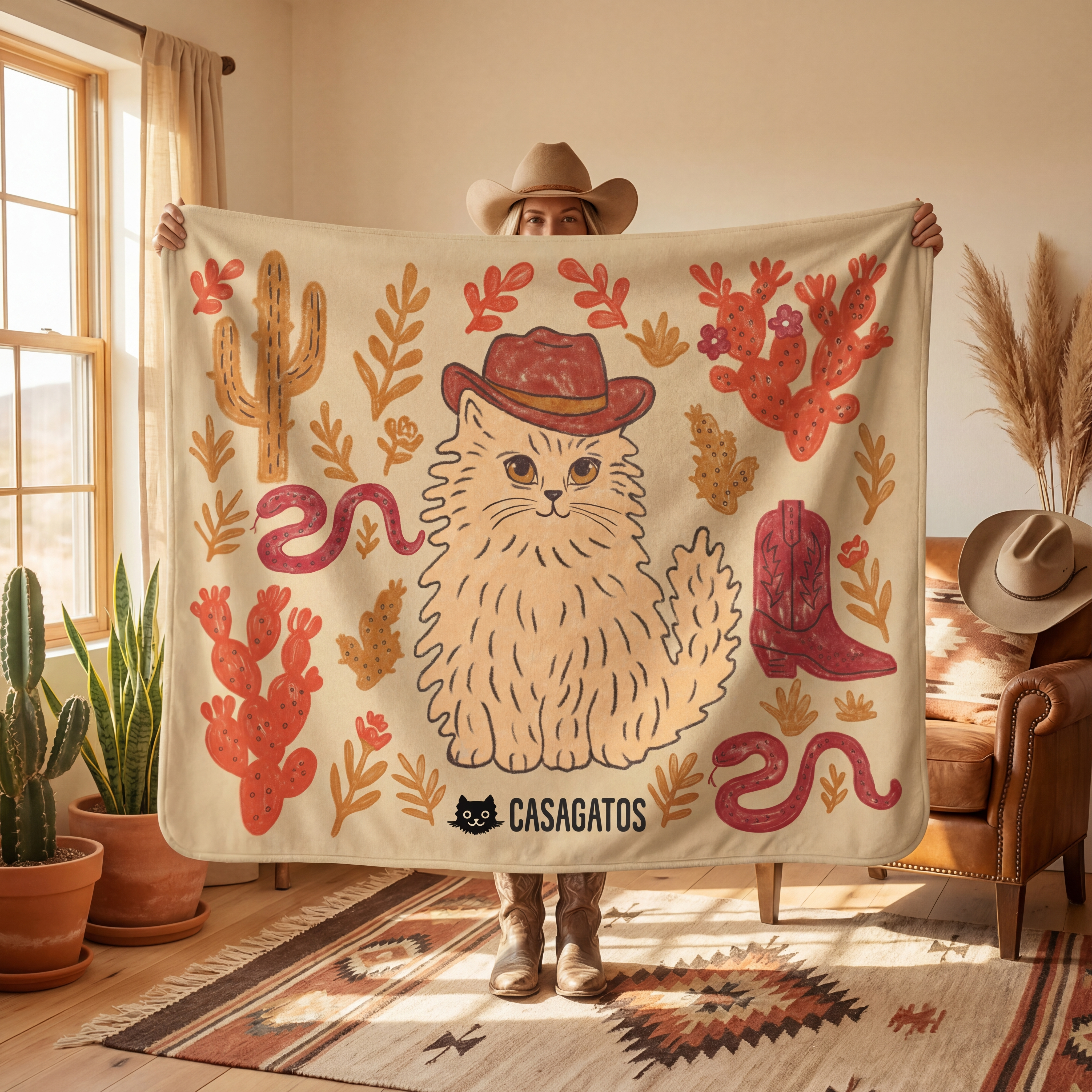 Sheriff Whiskers 50in x 60in Sherpa Blanket — Western Cat Illustration