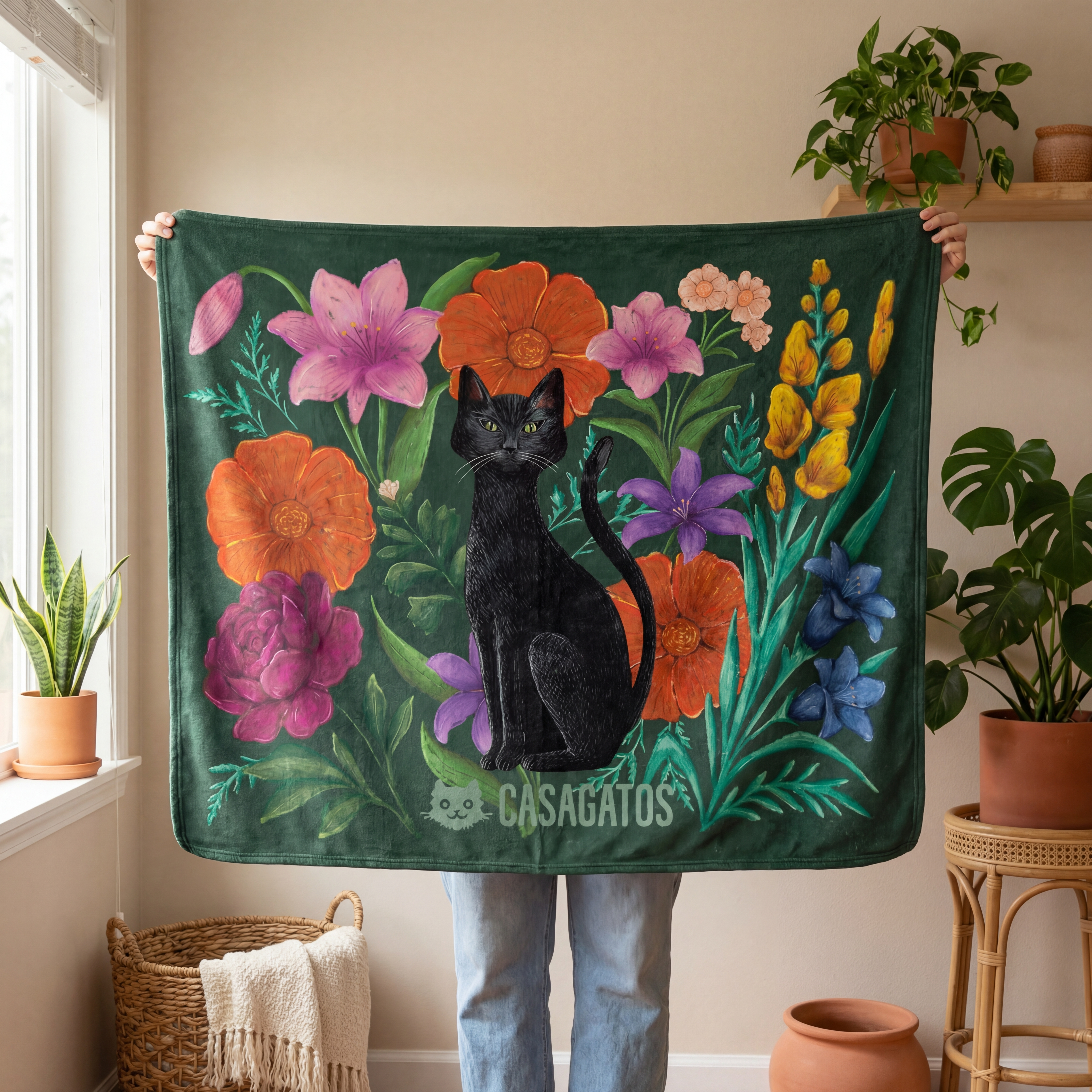 Botanical Guardian 50in x 50in Sherpa Blanket – Black Cat & Victorian Floral
