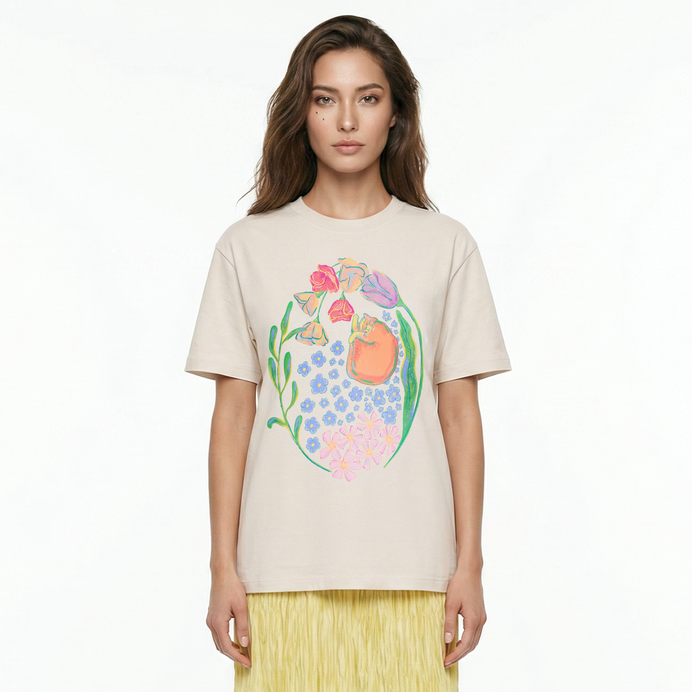 Wildflower Dream — Loose Fit Botanical Cat Graphic Tee
