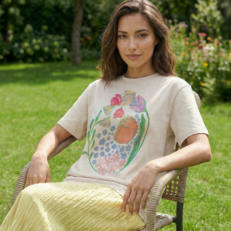 Wildflower Dream — Loose Fit Botanical Cat Graphic Tee
