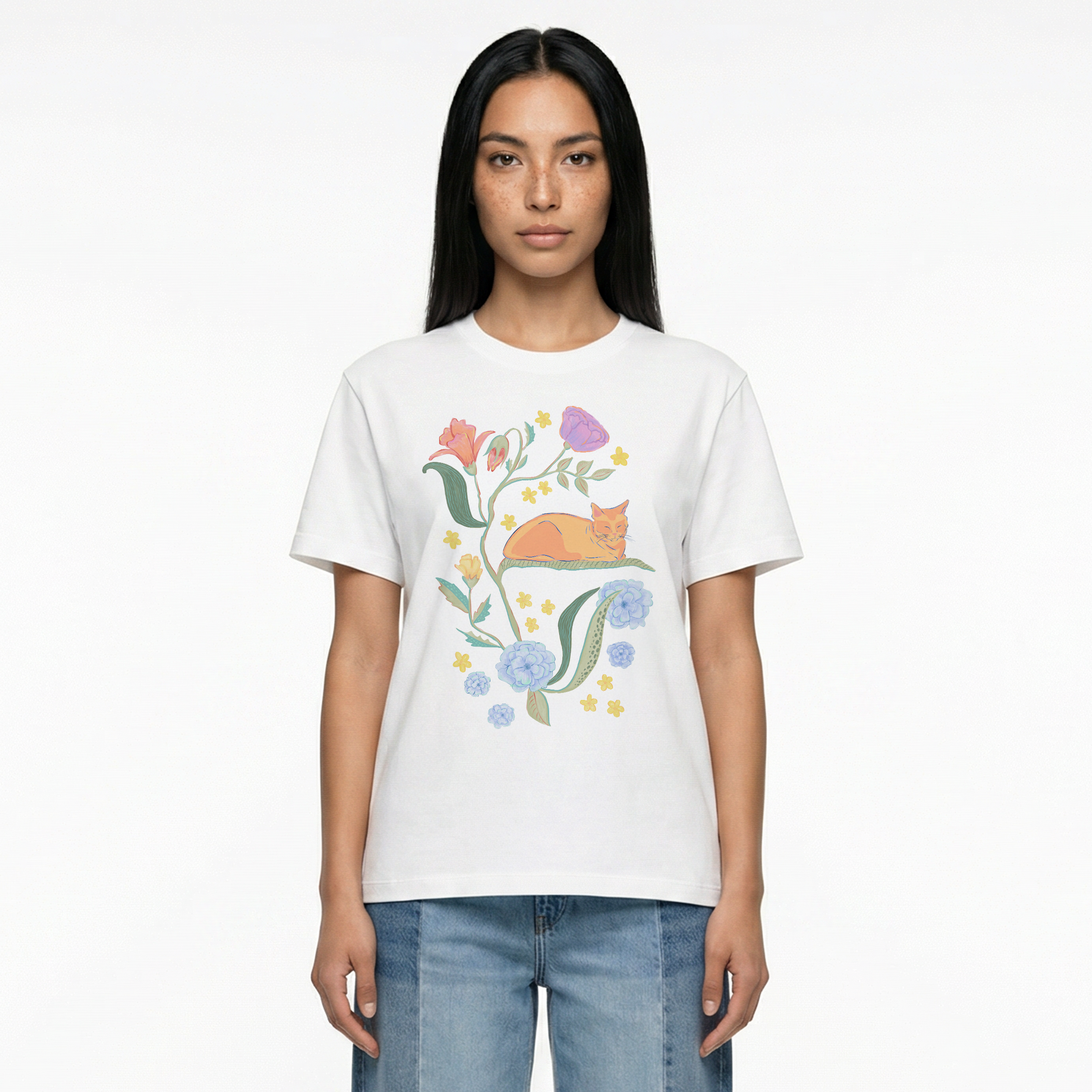 Garden Reverie — Loose Fit Floral Cat Graphic Tee