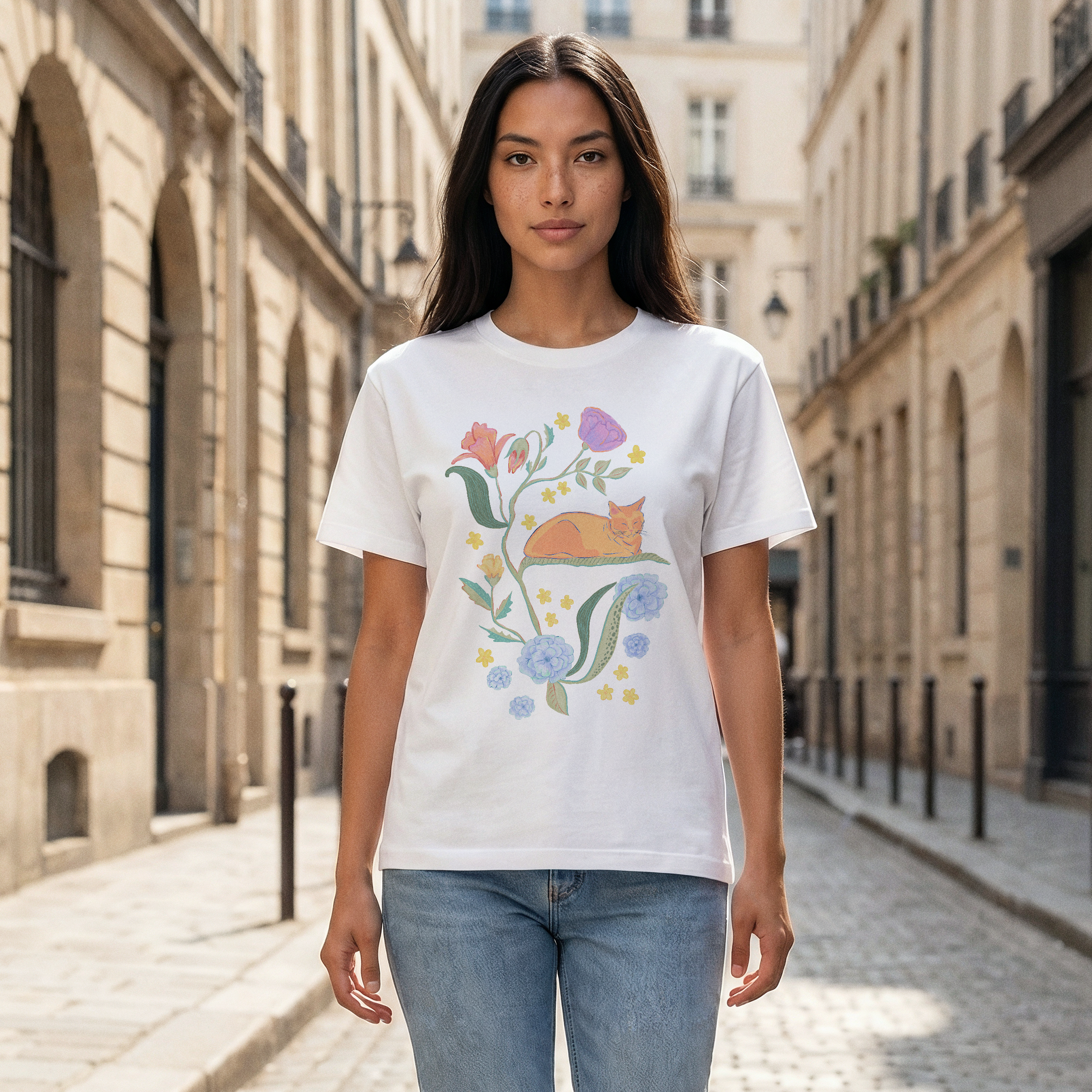 Garden Reverie — Loose Fit Floral Cat Graphic Tee
