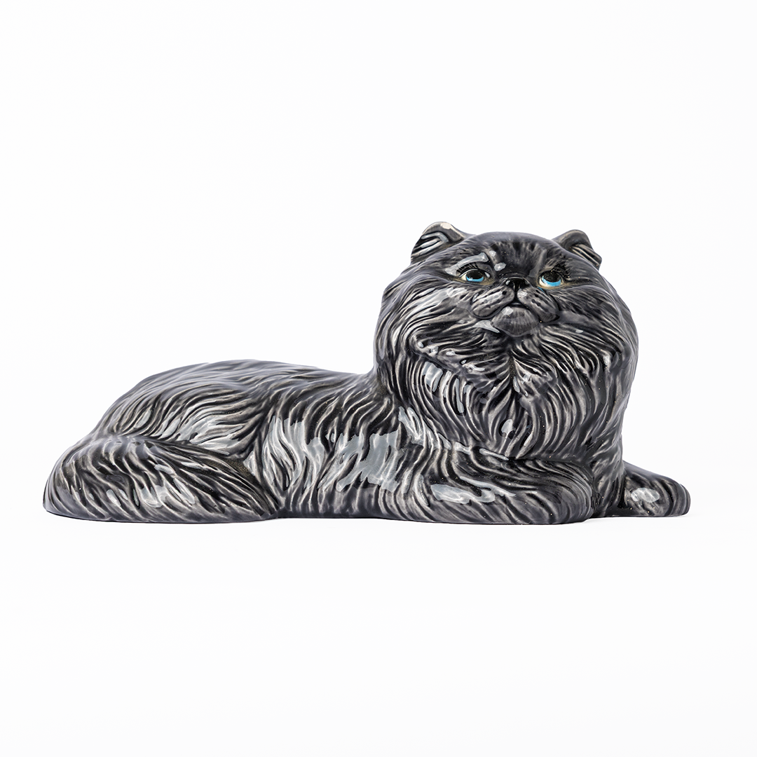 Vintage Black Persian Cat Ceramic Figurine – Mid-Century Reclining Cat Sculpture