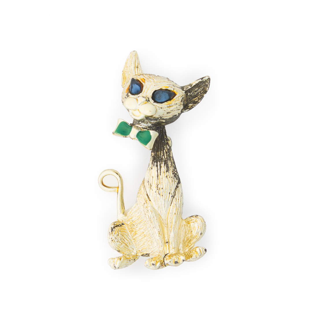 Vintage Bobble Head Cat Brooch – Gold Tone Cat Pin with Blue Rhinestone Eyes and Green Enamel Bow