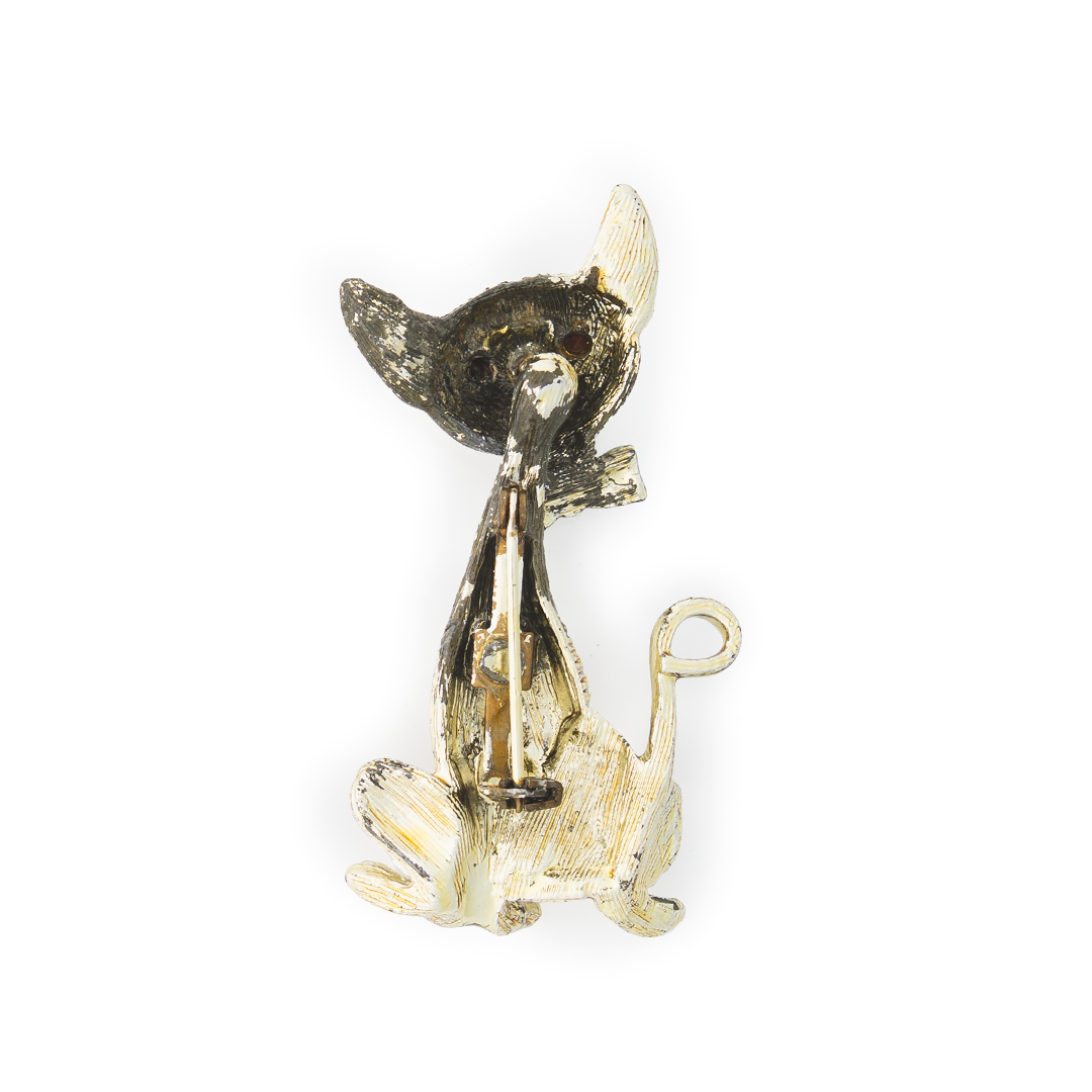 Vintage Bobble Head Cat Brooch – Gold Tone Cat Pin with Blue Rhinestone Eyes and Green Enamel Bow