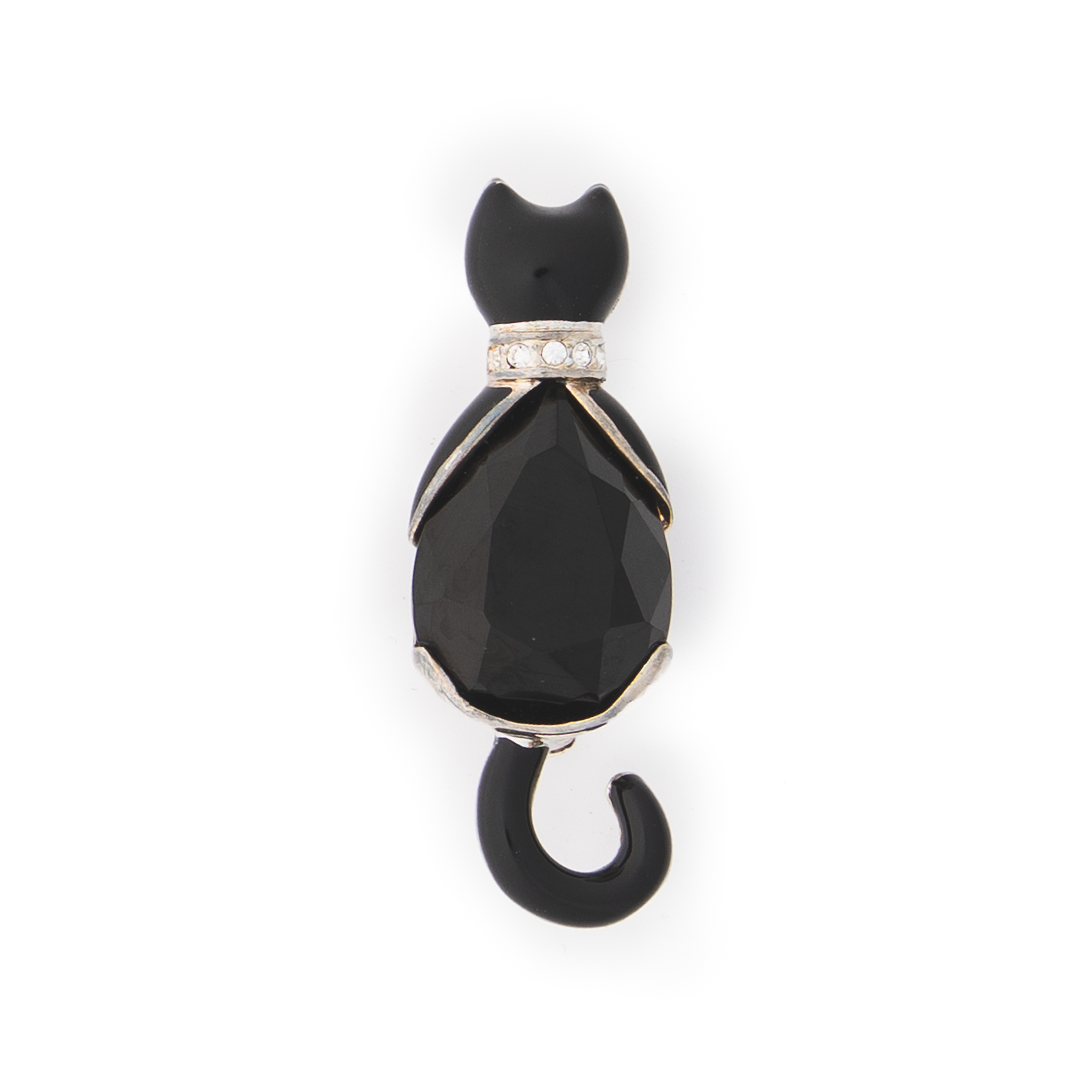Vintage Black Enamel Cat Brooch – Faceted Stone Body with Rhinestone Collar