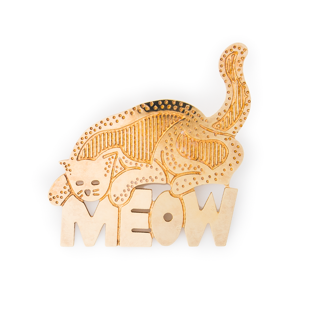 Vintage “MEOW” Cat Brooch – 1989 Gold-Tone Statement Pin (A.J.C.)
