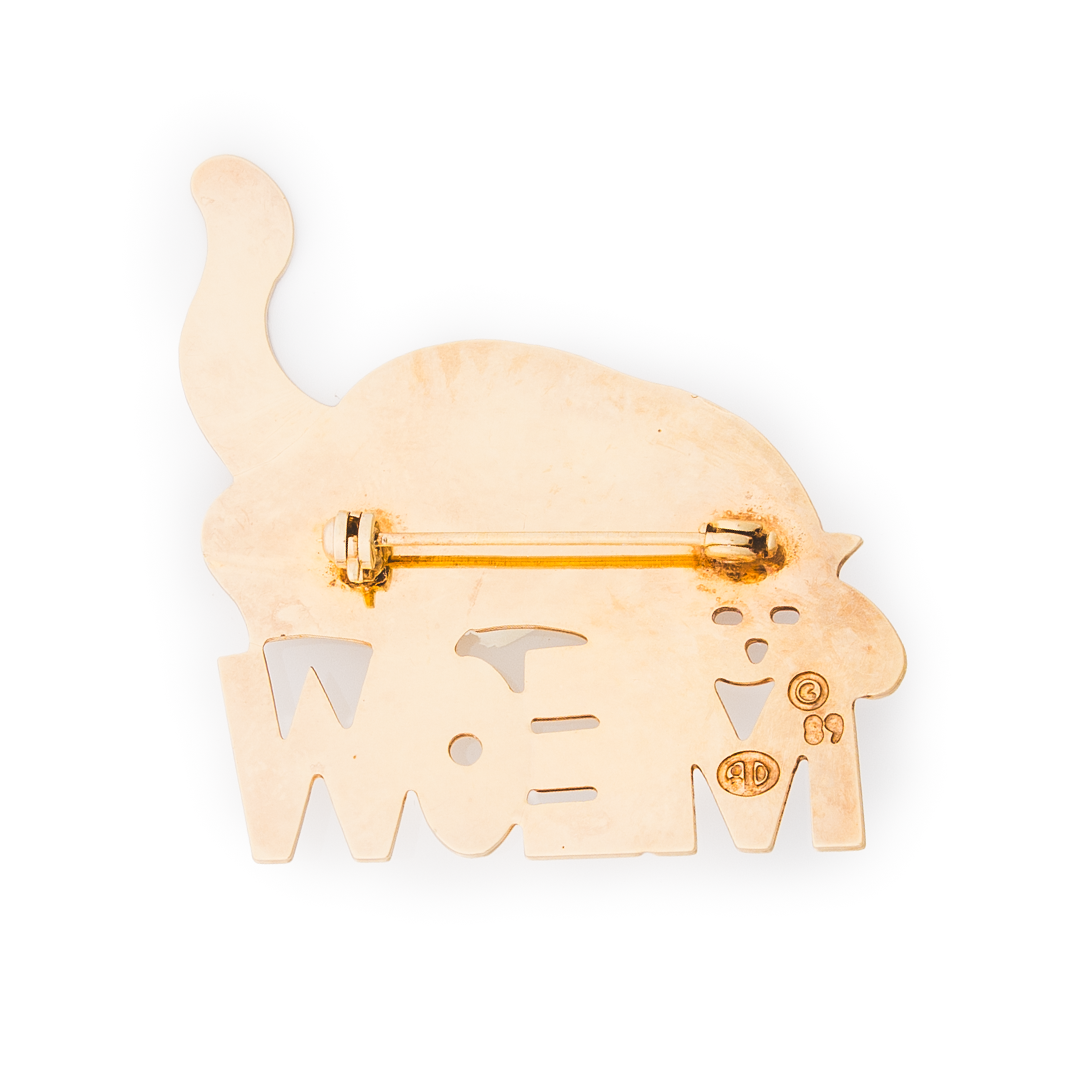 Vintage “MEOW” Cat Brooch – 1989 Gold-Tone Statement Pin (A.J.C.)