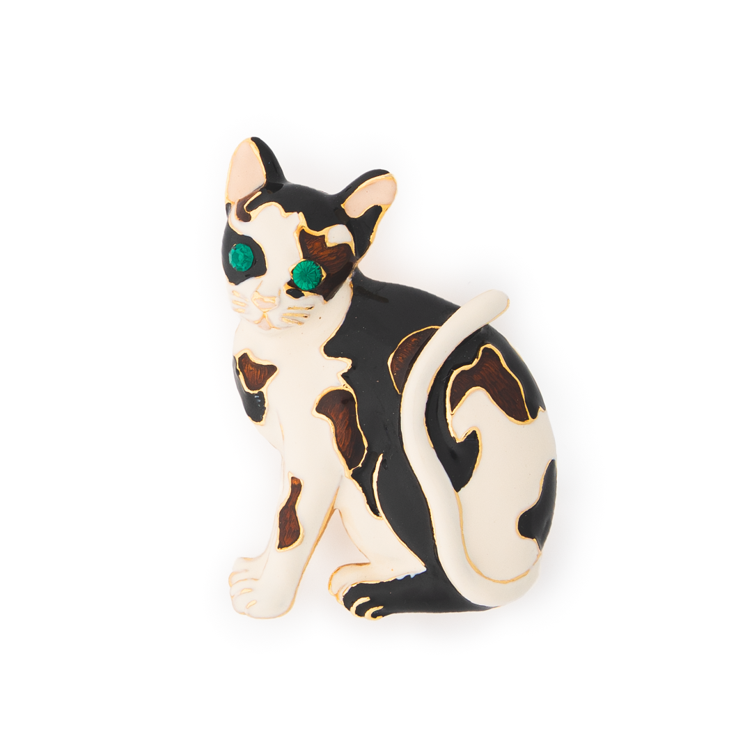 Vintage Calico Cat Brooch – Enamel Gold-Tone Pin with Green Eyes (F.L.P.)