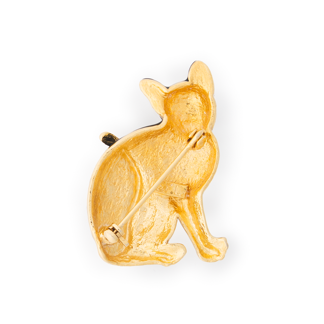 Vintage Calico Cat Brooch – Enamel Gold-Tone Pin with Green Eyes (F.L.P.)
