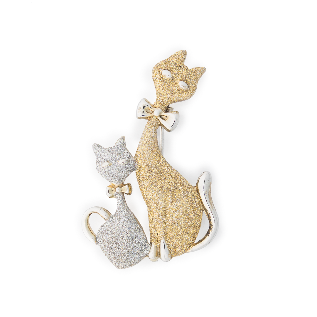 Vintage Cat Pair Brooch – Dual Tone Glitter Finish Cat Pin (Gold & Silver)