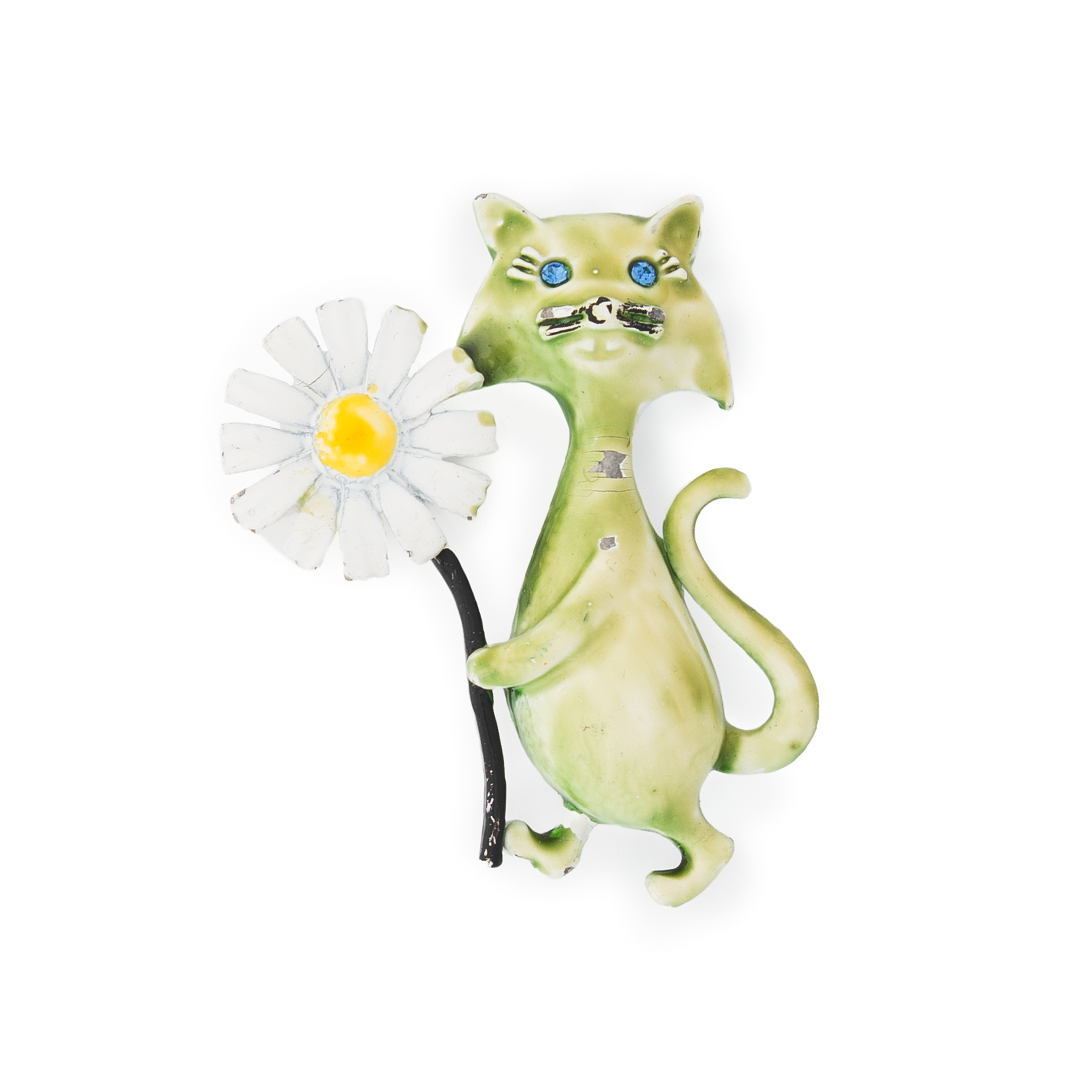 Vintage Green Enamel Cat Brooch with Daisy – Whimsical Mid-Century Cat Pin