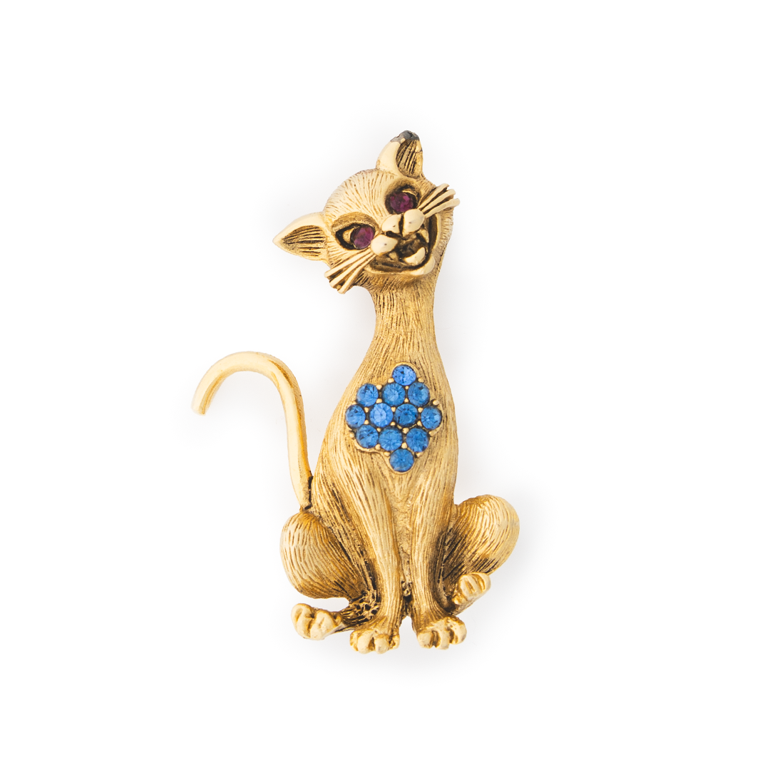 Vintage Gold Cat Brooch with Rhinestones – Mid-Century Figural Cat Pin (Blue & Red Accents)