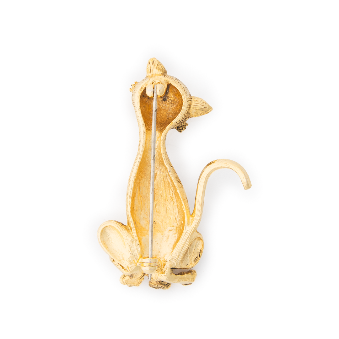 Vintage Gold Cat Brooch with Rhinestones – Mid-Century Figural Cat Pin (Blue & Red Accents)