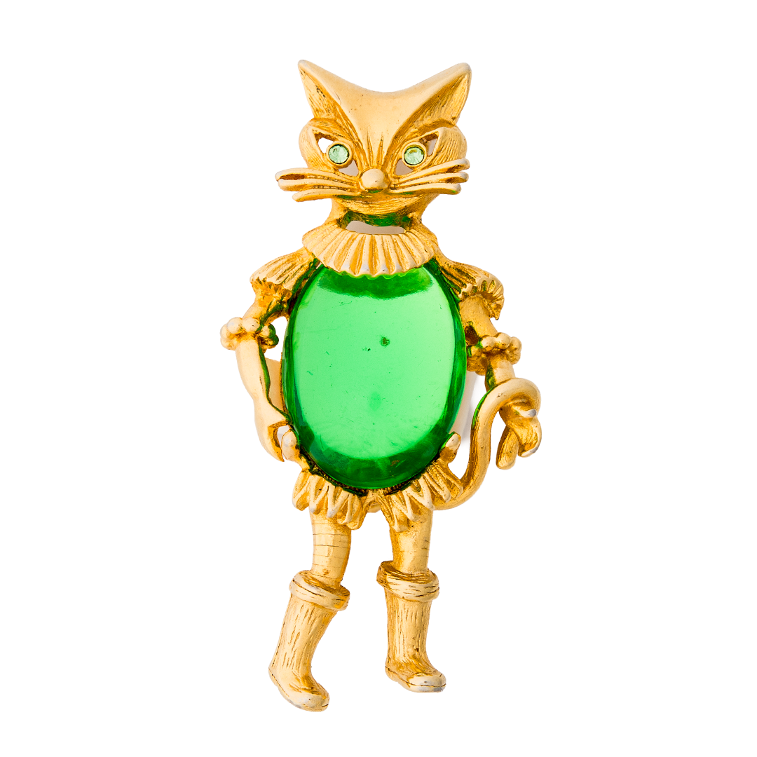 Vintage “Puss in Boots” Cat Brooch with Emerald Green Glass Cabochon