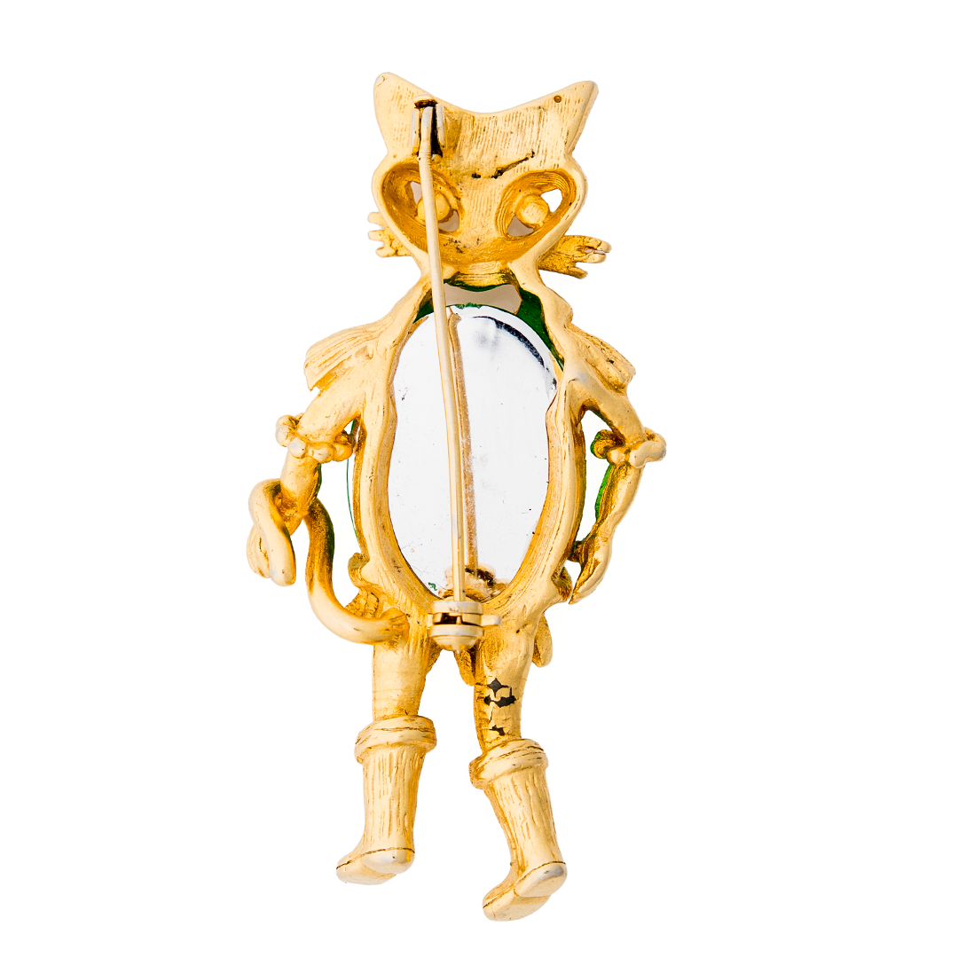 Vintage “Puss in Boots” Cat Brooch with Emerald Green Glass Cabochon