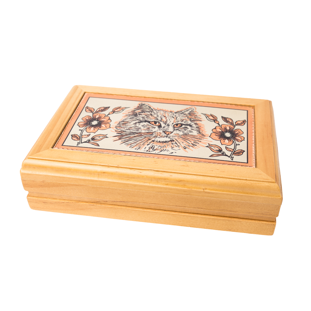 Longhair Cat Copper Art Wooden Jewelry Box